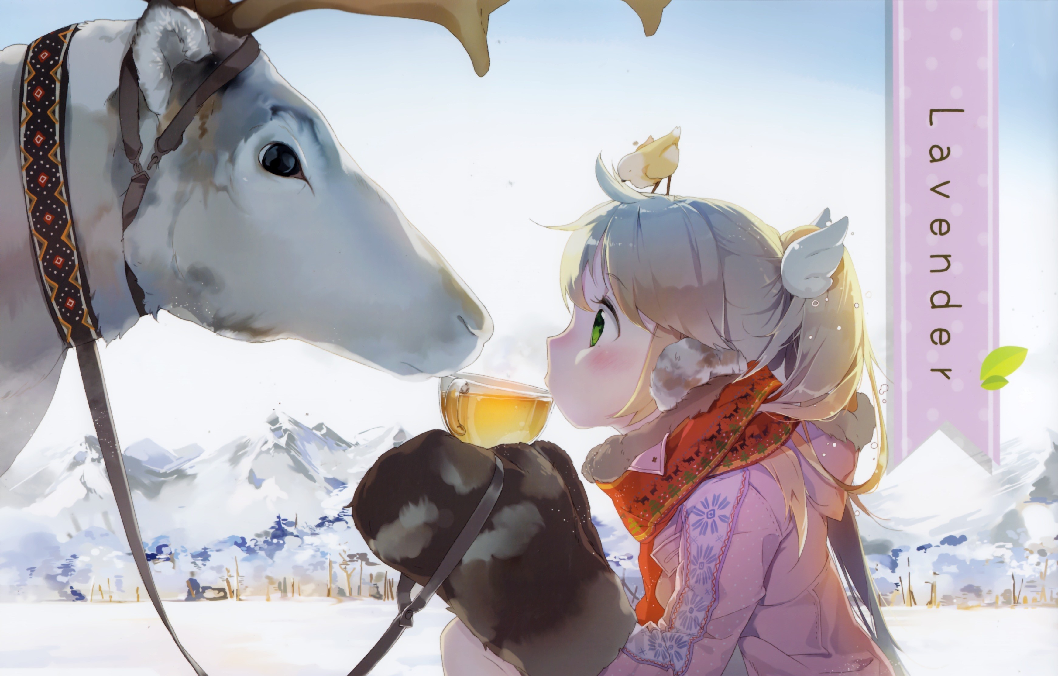 Girl sharing tea with a reindeer in winter HD Wallpaper