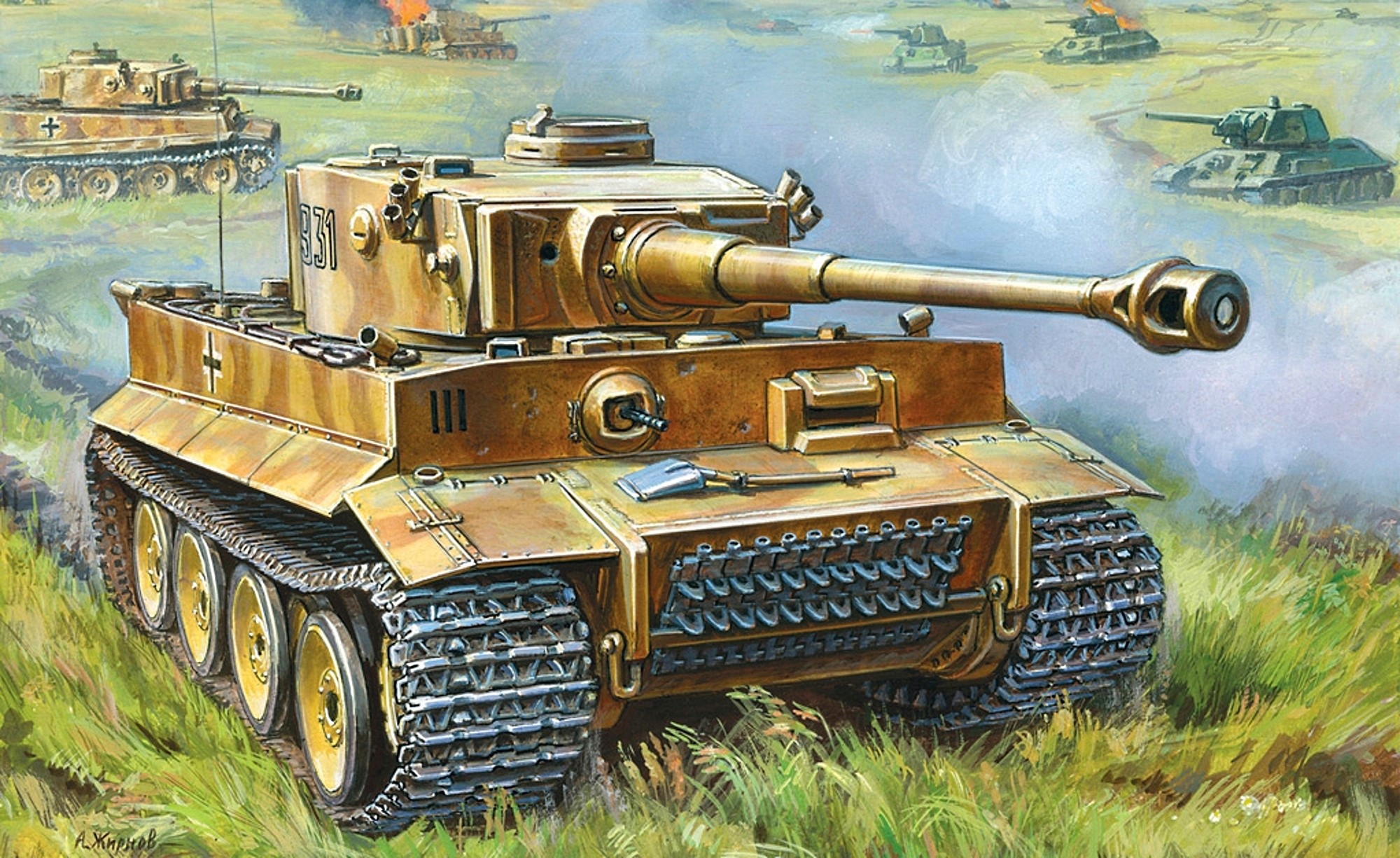 Painting of Panzerkampfwagen VI tanks in battle HD Wallpaper