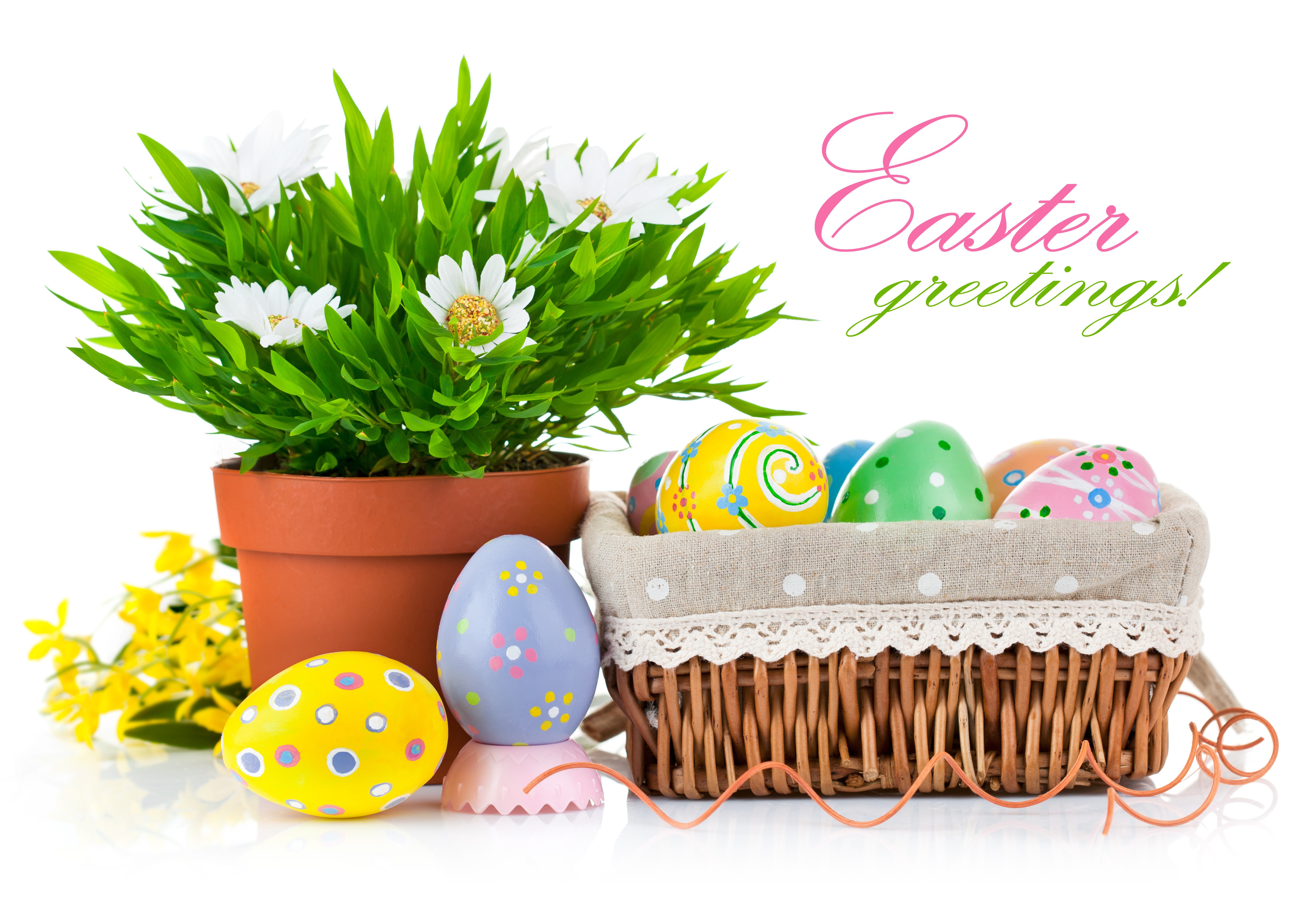 Easter Greetings with Decorated Eggs and Flowers HD Wallpaper
