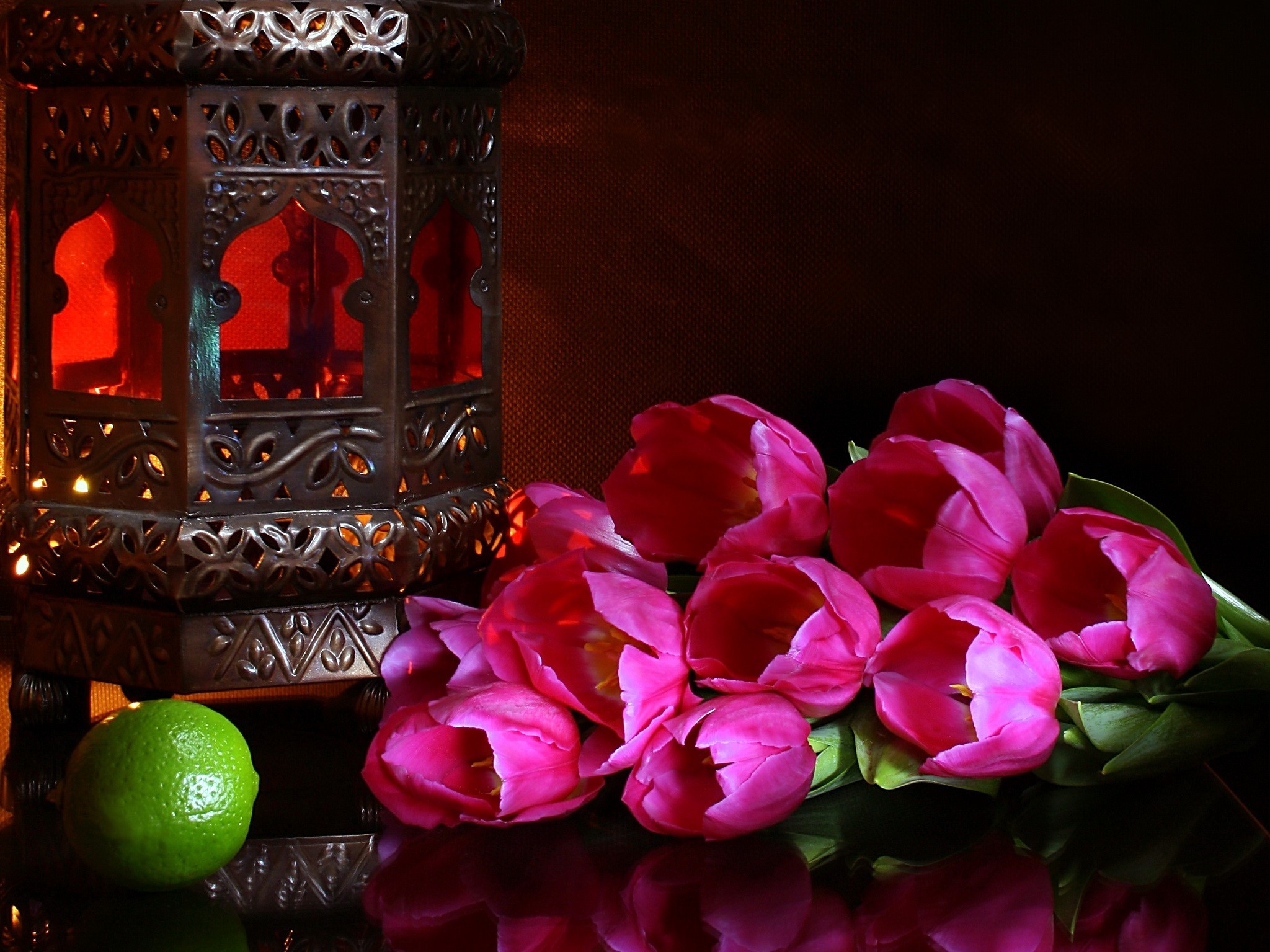 Pink Tulips and Lantern with Lime HD Wallpaper