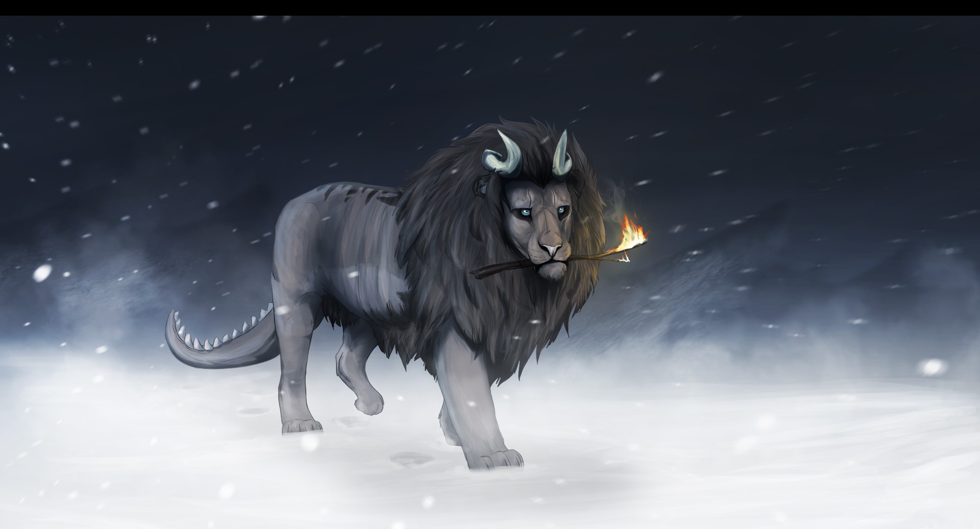 Mythical creature with horns and a torch in snow HD Wallpaper