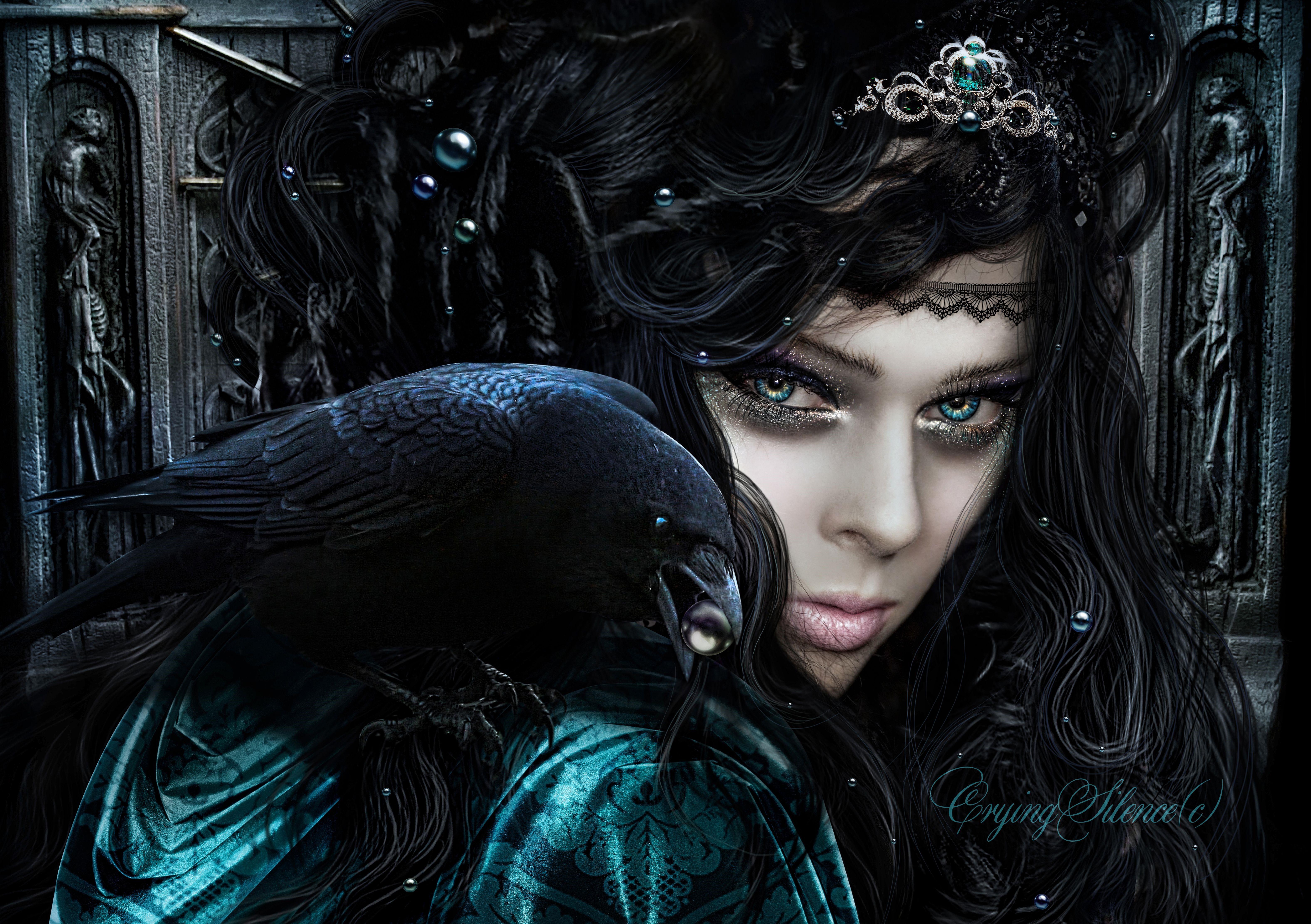 Gothic Fantasy Brunette Girl with Crow HD Wallpaper