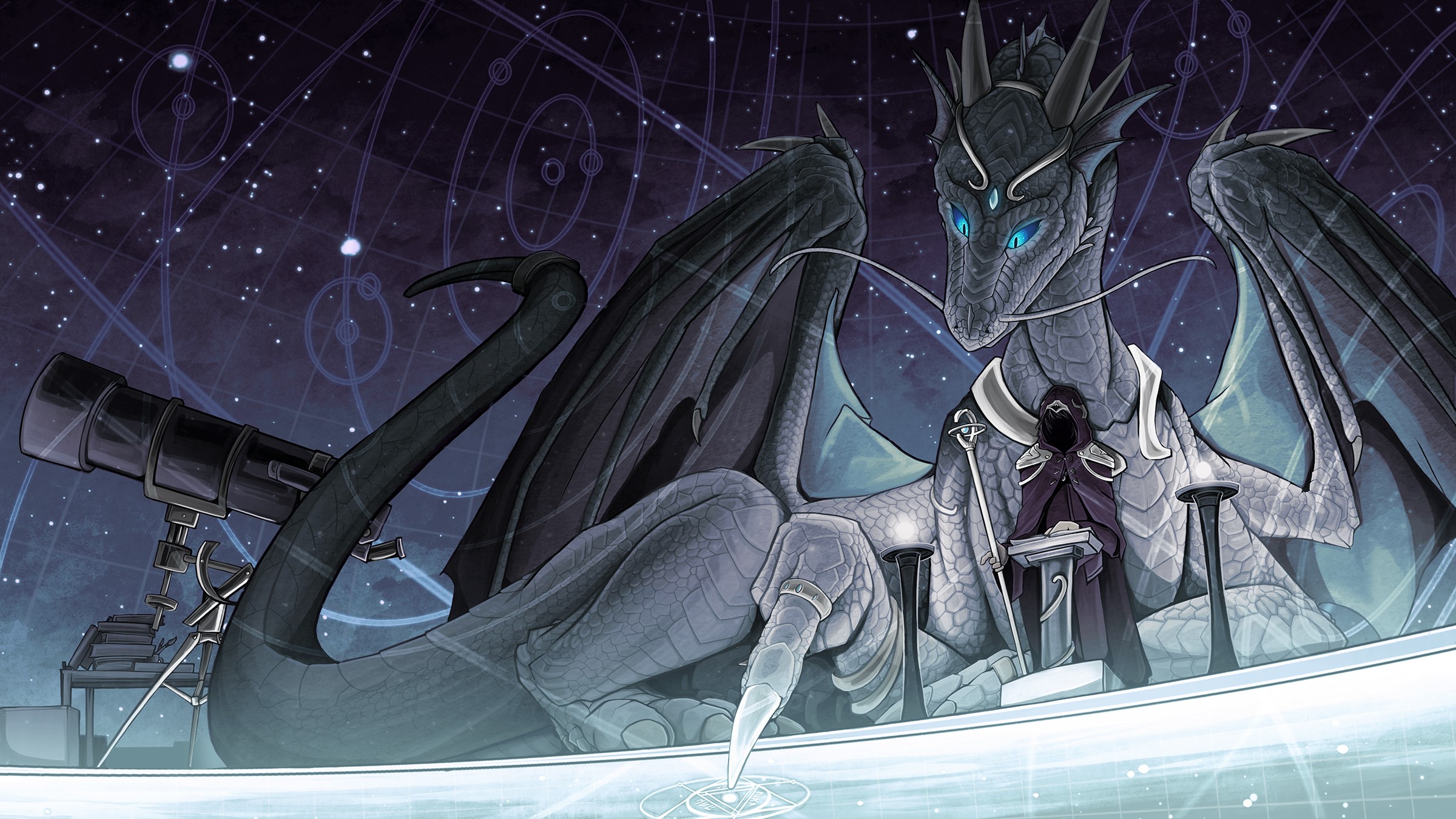 Dragon and cloaked figure in observatory HD Wallpaper