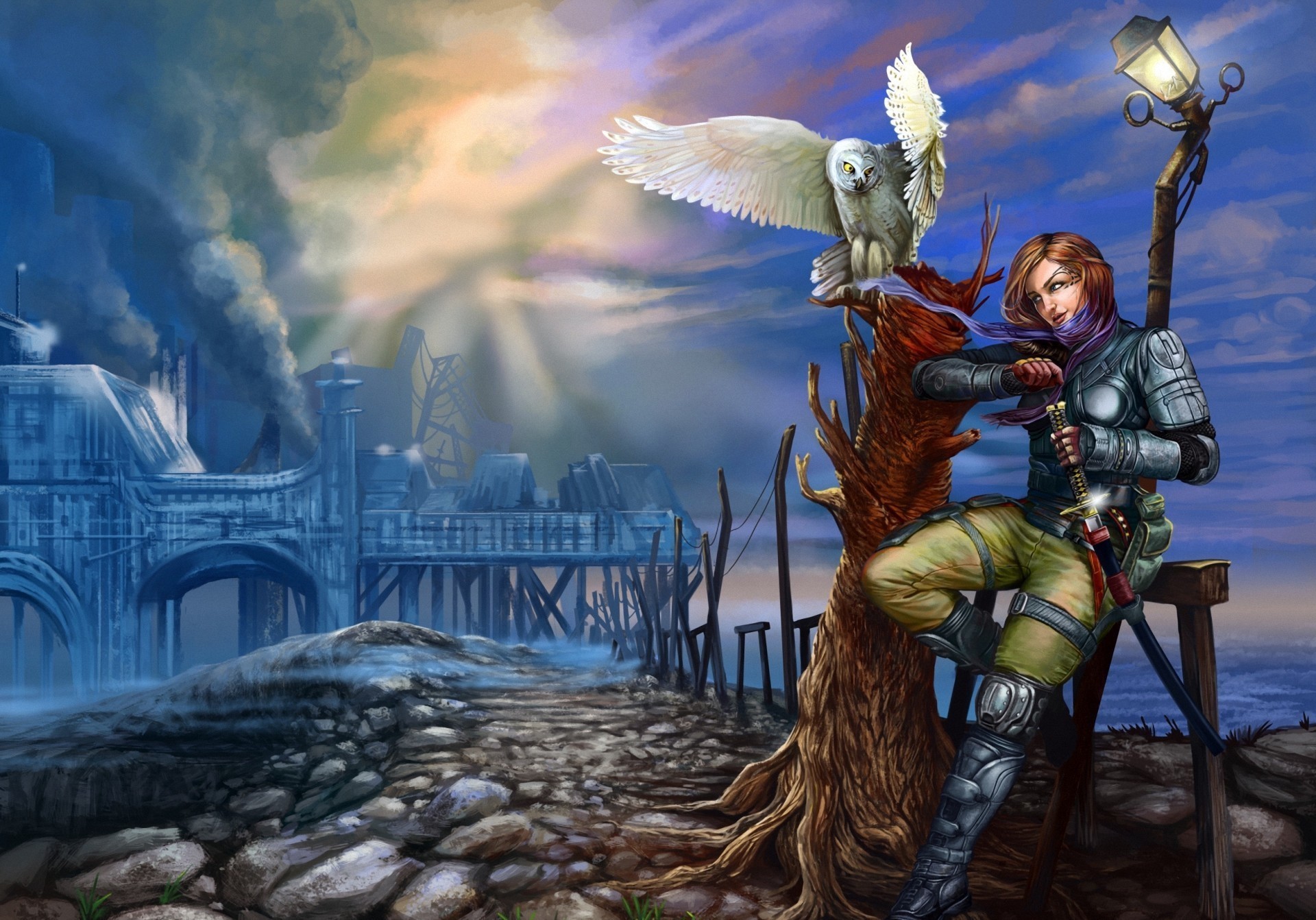 Woman in armor with owl near industrial ruins HD Wallpaper