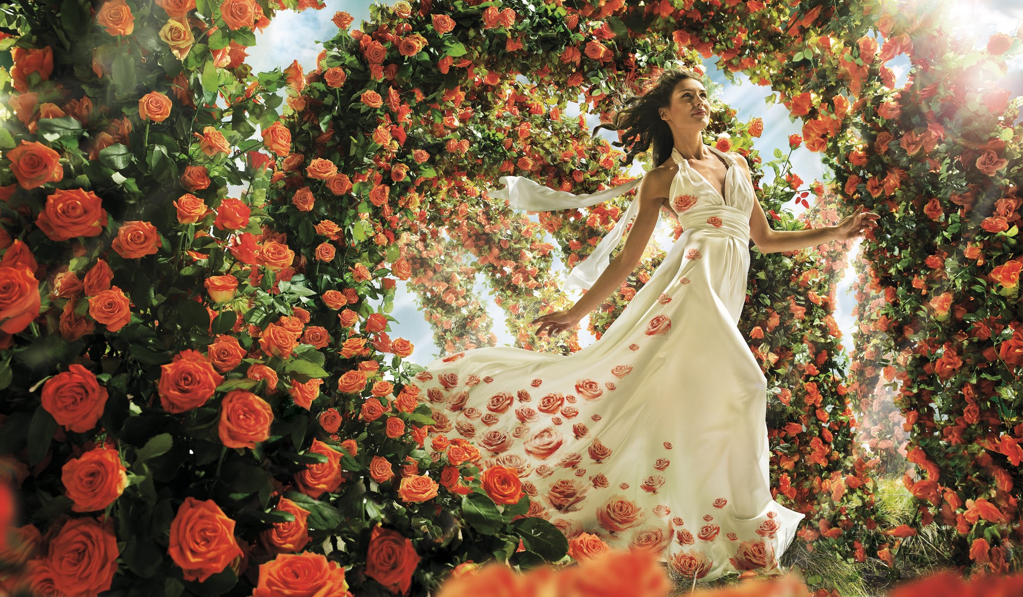 Woman in a rose-adorned dress walking through a rose arch HD Wallpaper