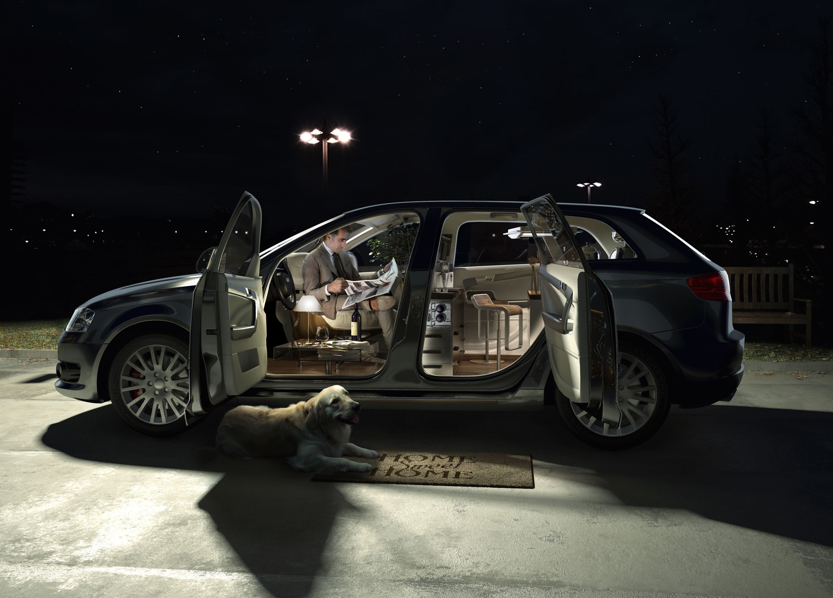 Man reading newspaper in car with dog at night HD Wallpaper