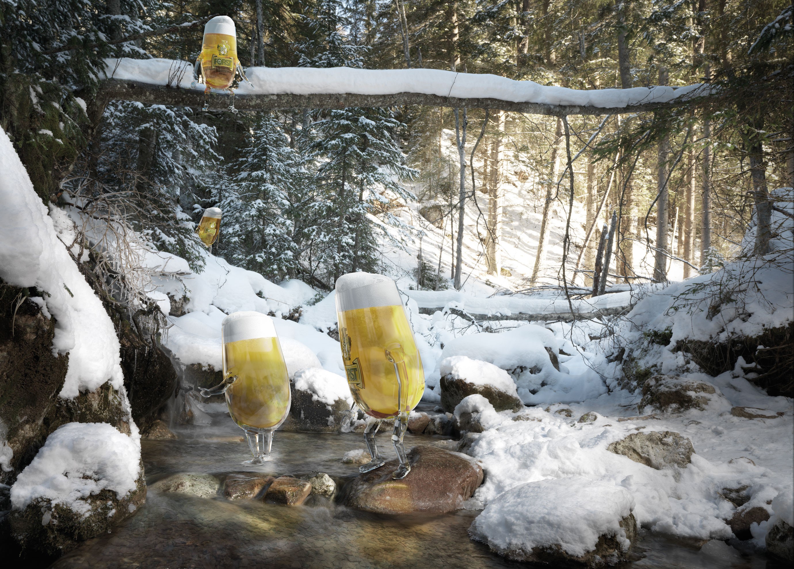 Beer glasses walking in a snowy forest stream HD Wallpaper