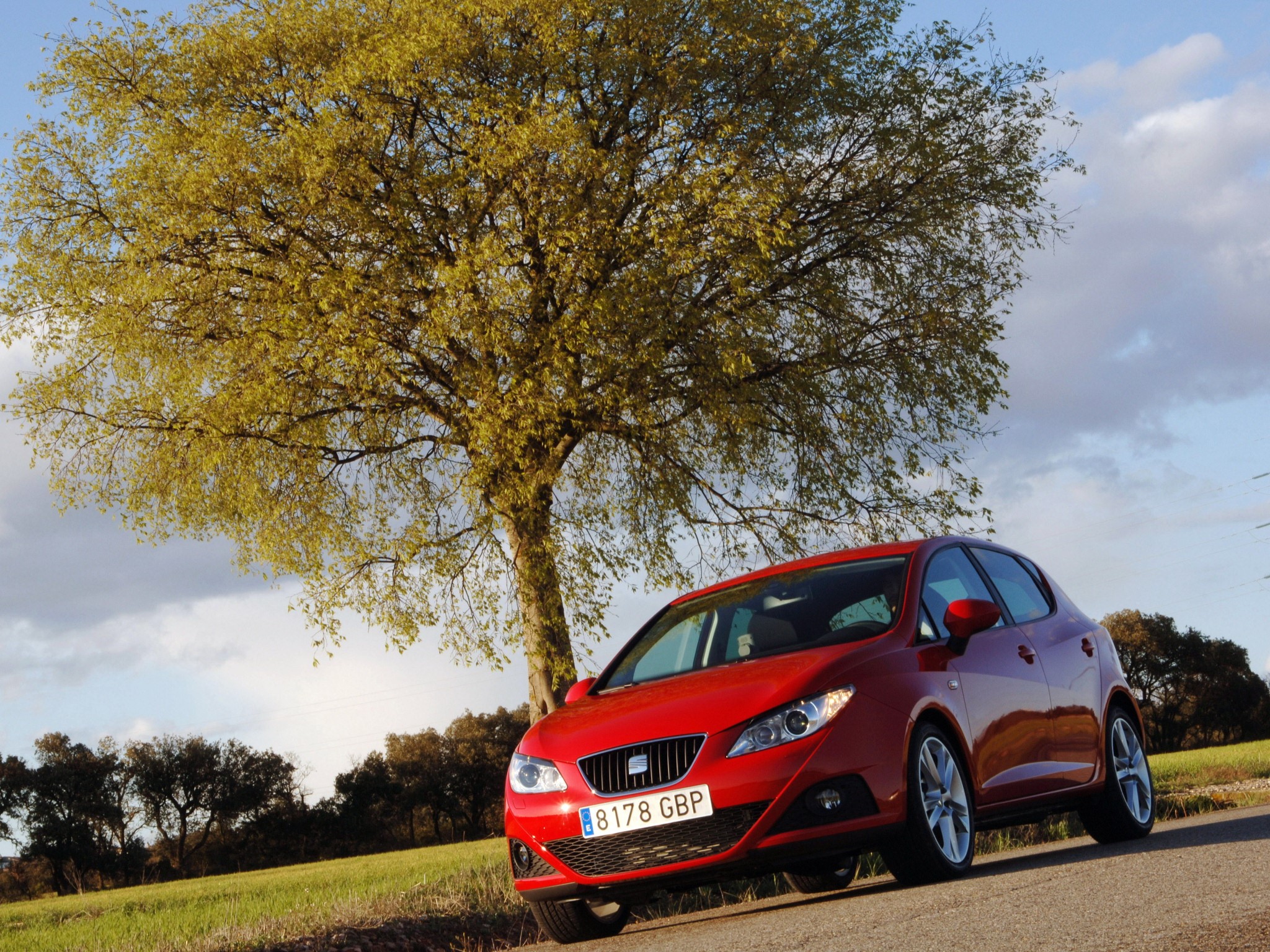 Red Seat Ibiza parked under a tree HD Wallpaper