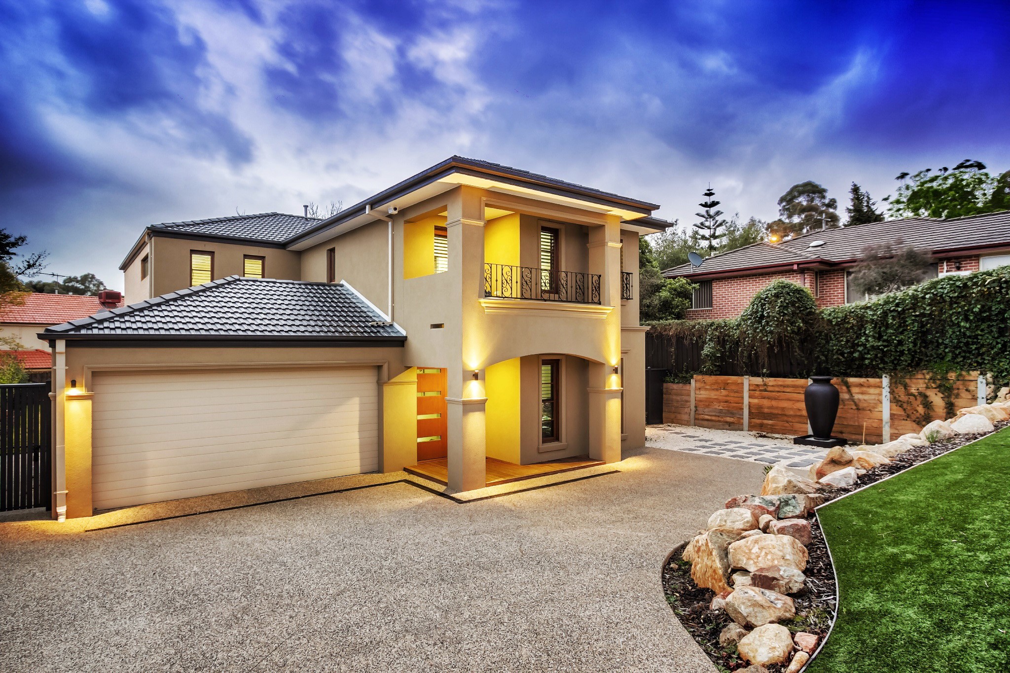 Modern Mansion with Garage and Landscaped Yard HD Wallpaper