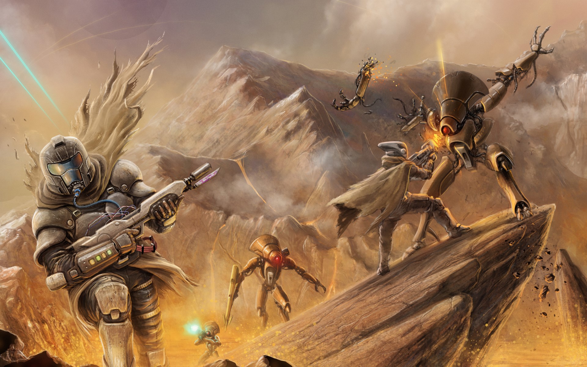 Warriors battling robots in a desert landscape HD Wallpaper