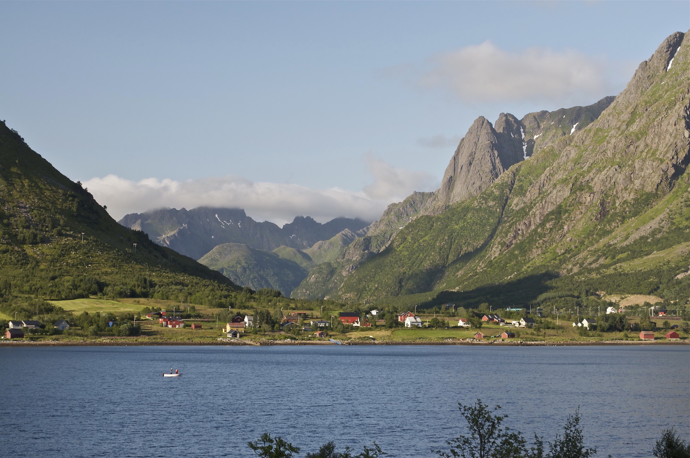 Village by the sea with mountains in Lofoten, Norway HD Wallpaper