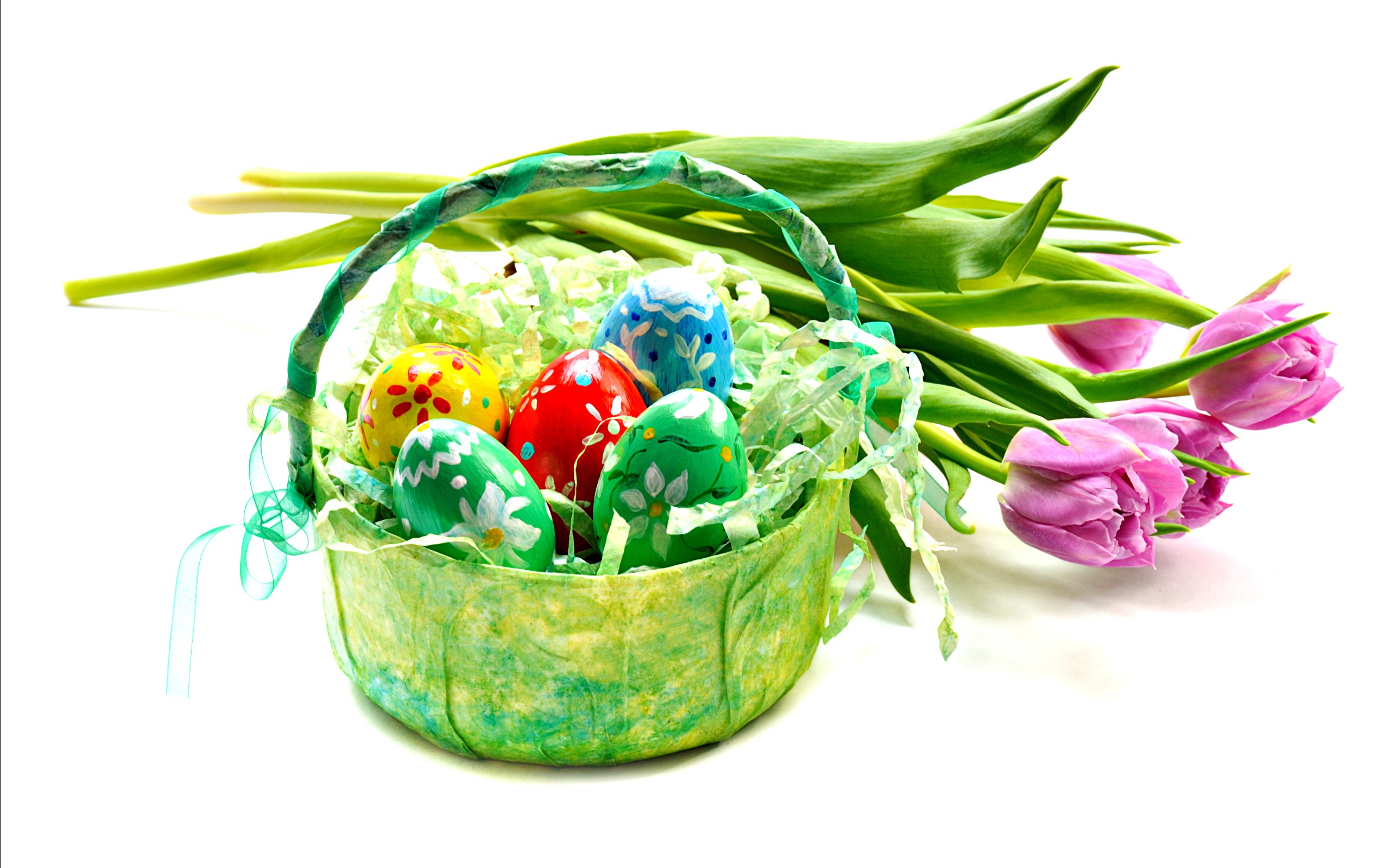 Easter basket with painted eggs and tulips HD Wallpaper