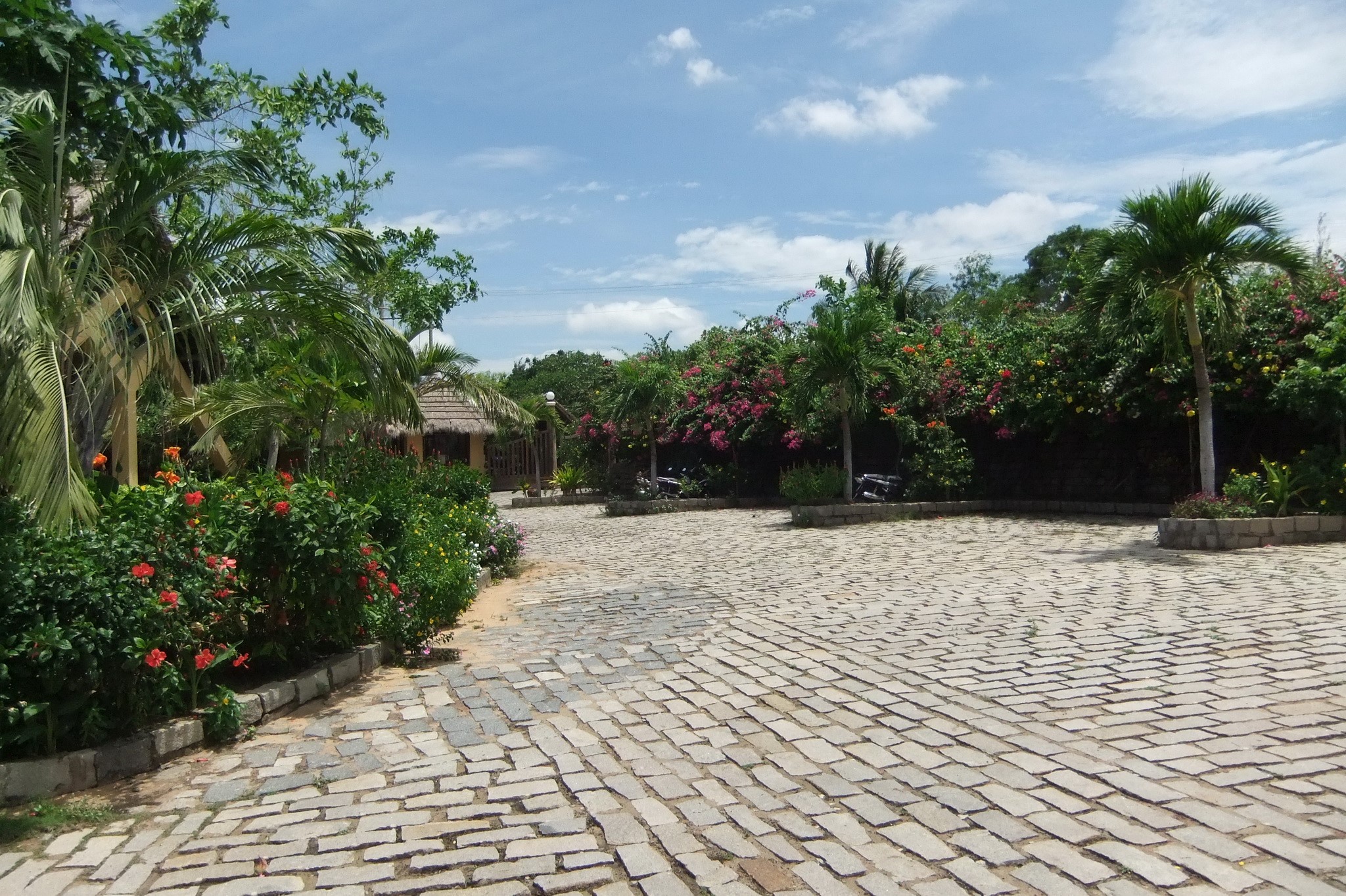 Tropical resort with paved courtyard and lush greenery HD Wallpaper