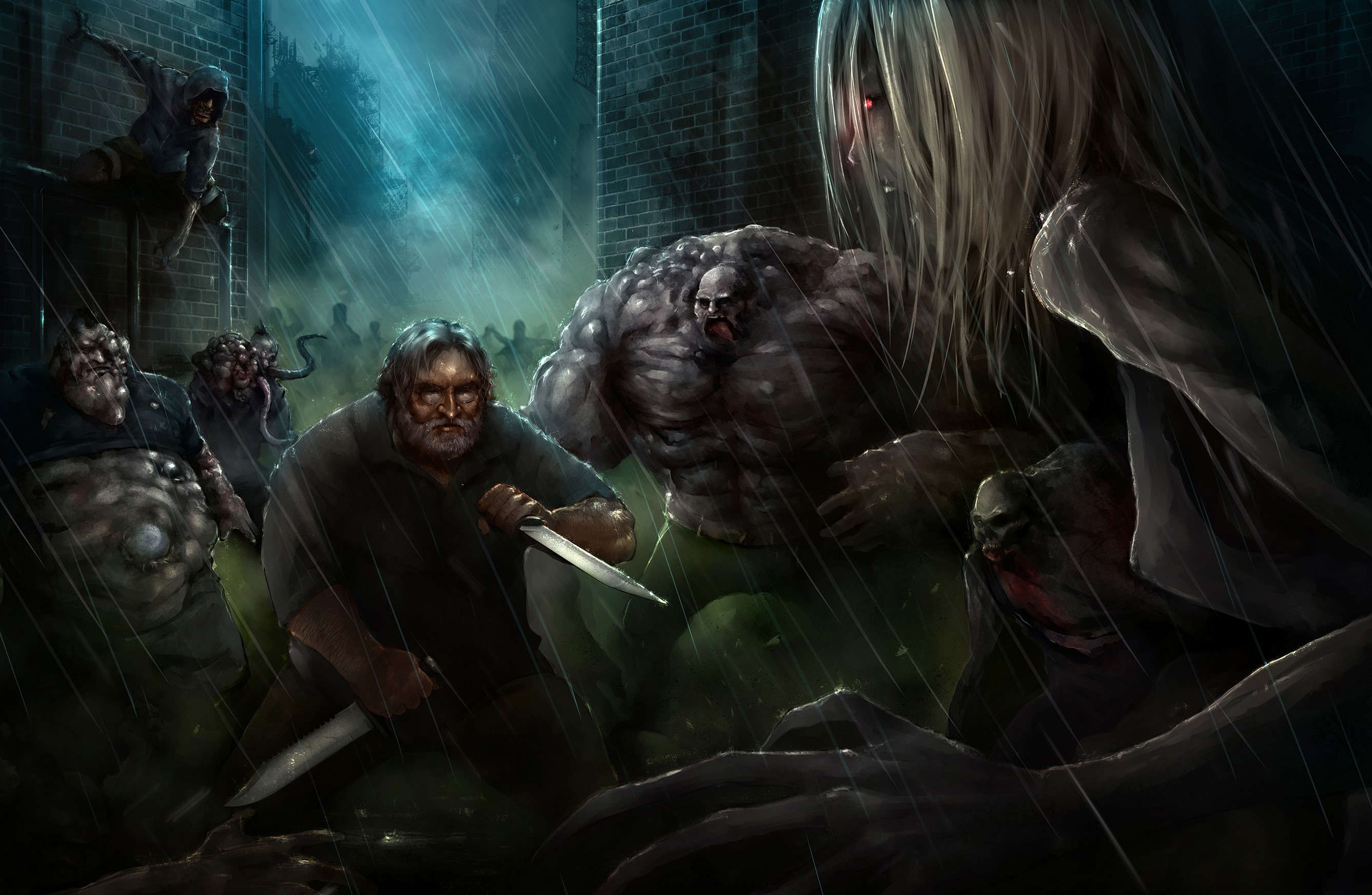 Survivors fighting monsters in the rain HD Wallpaper