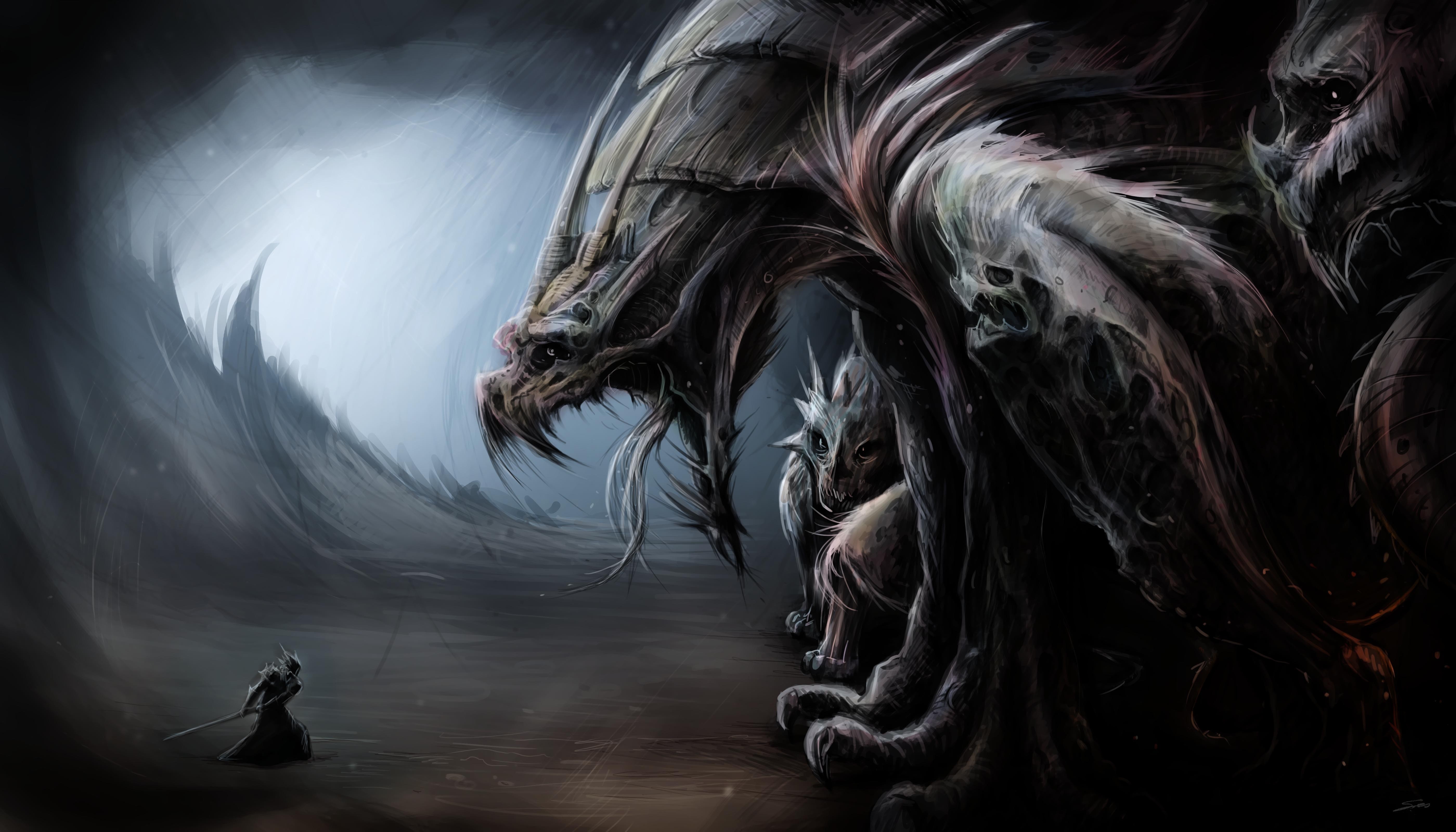 A warrior faces a monstrous dragon in a dark cave HD Wallpaper