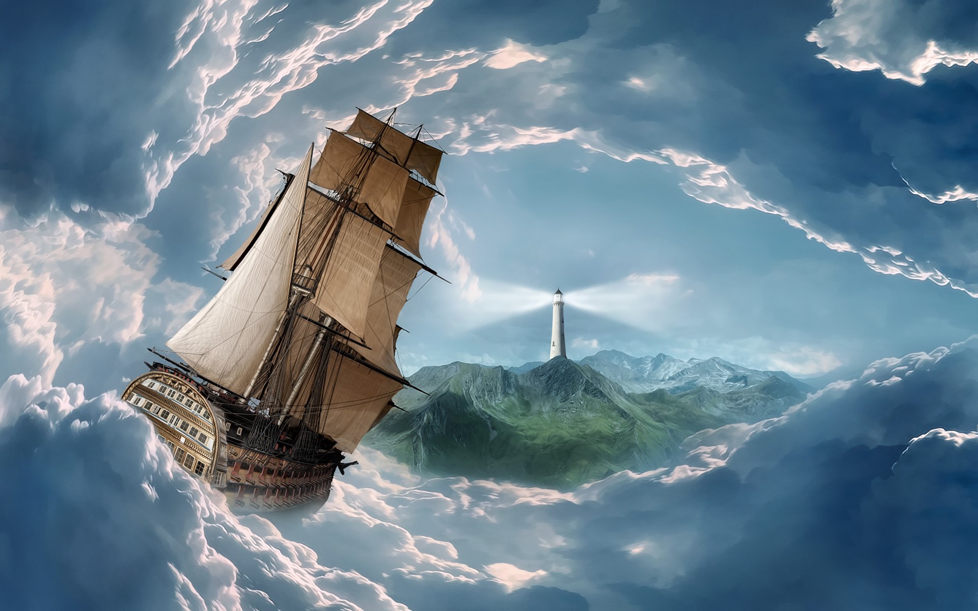 Sailing ship in clouds near a lighthouse on a mountain HD Wallpaper