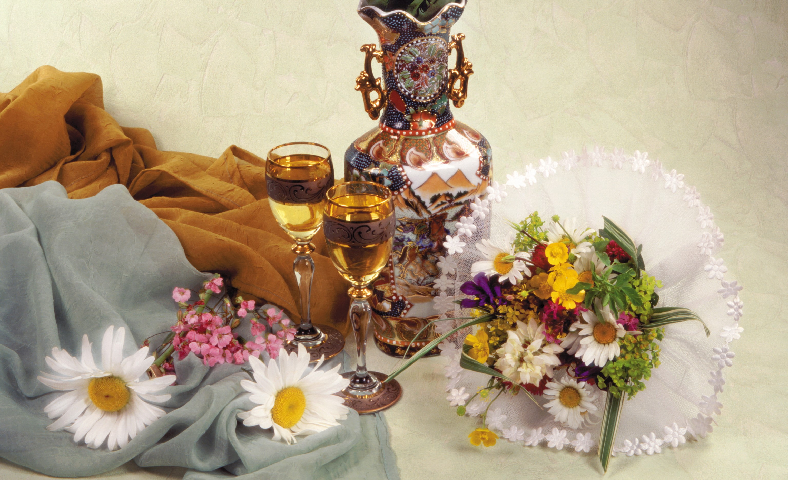 Still life with flowers, wine glasses, and vase HD Wallpaper