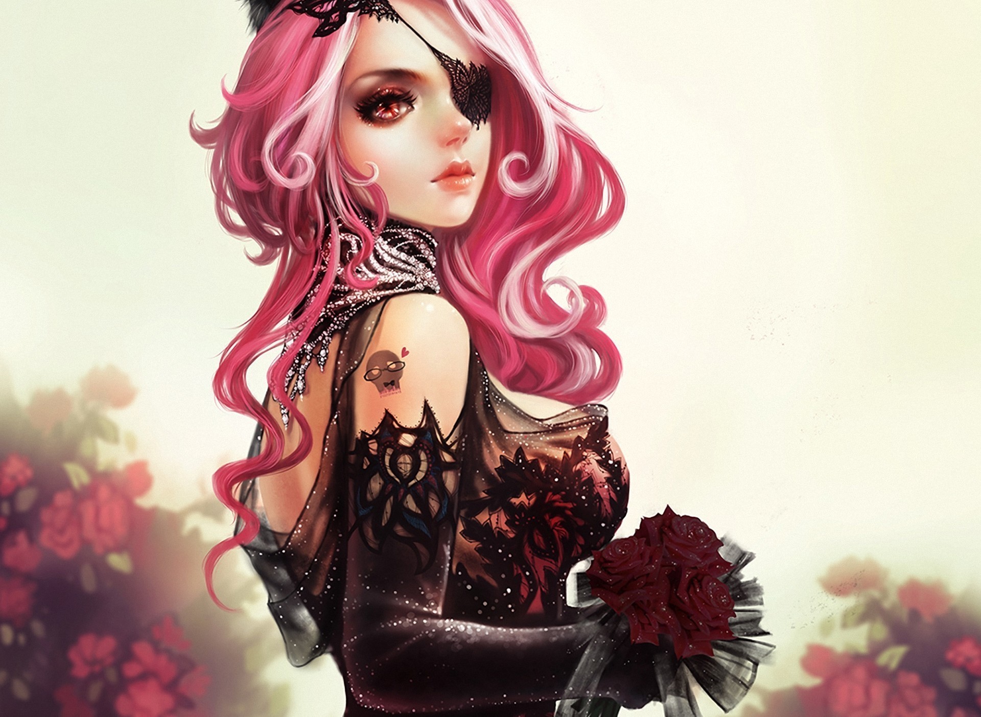 Gothic fantasy girl with pink hair and eyepatch HD Wallpaper
