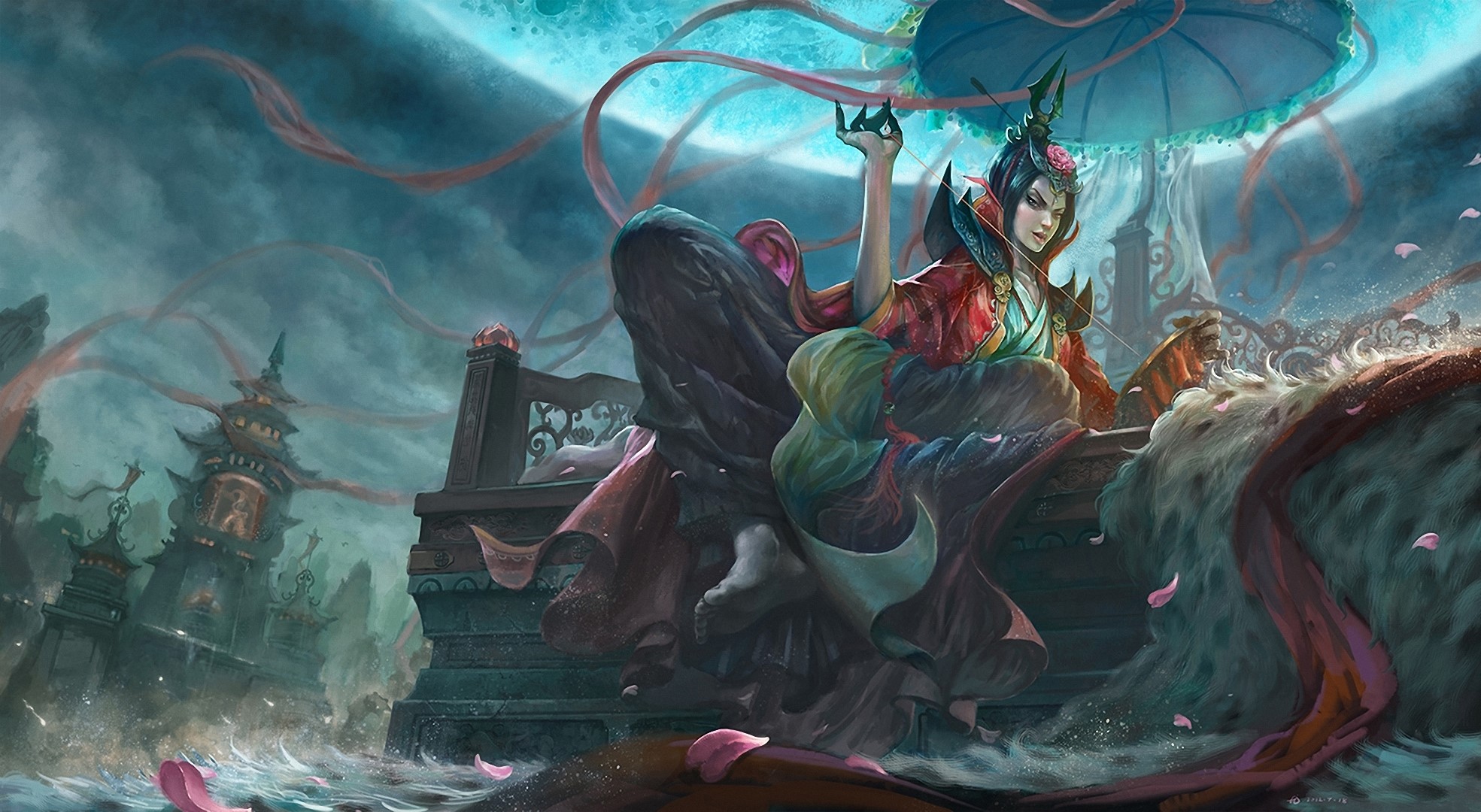 Fantasy woman in ornate armor with a tiger and pagodas HD Wallpaper