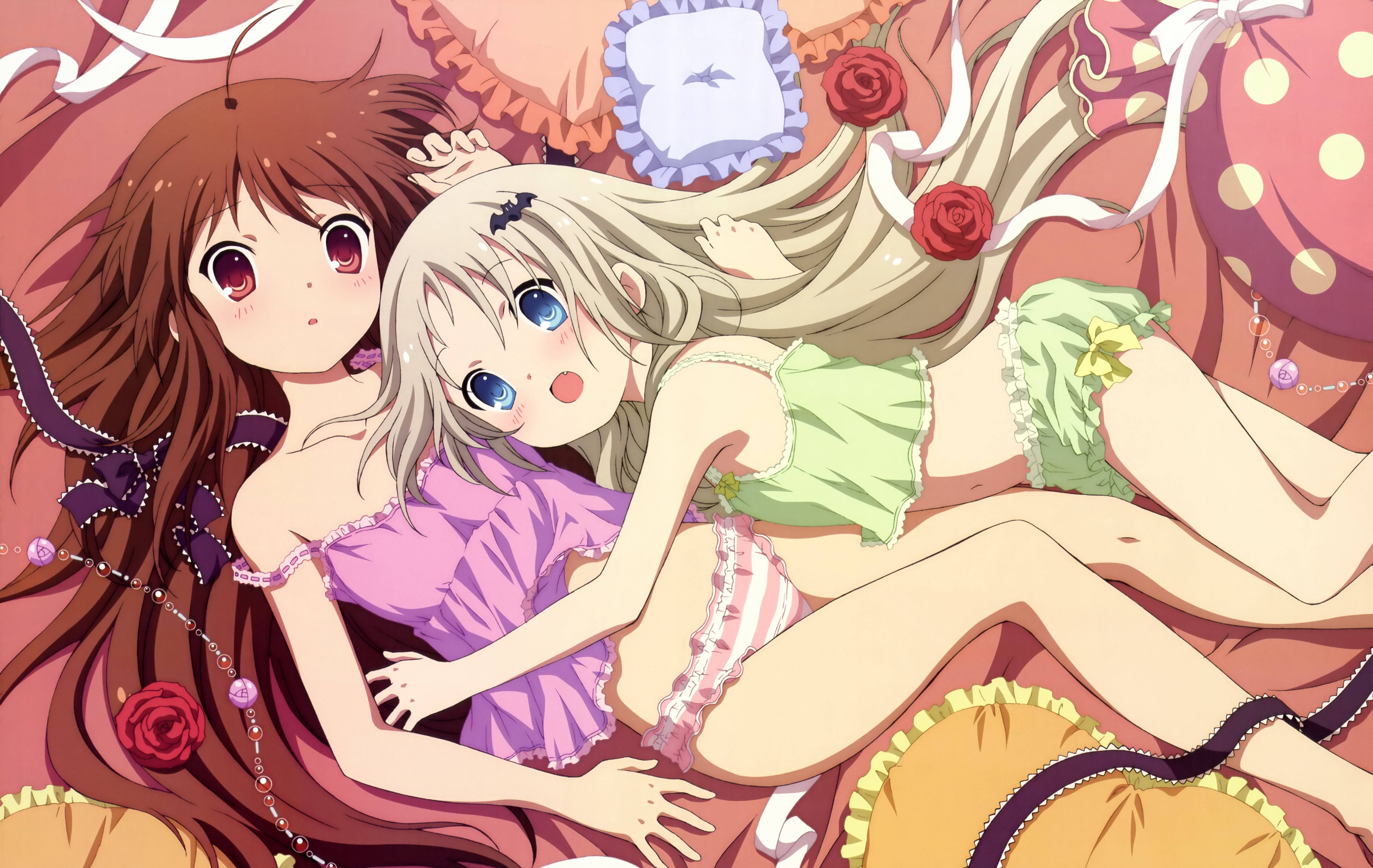 Two young girls in lingerie lying on a bed HD Wallpaper