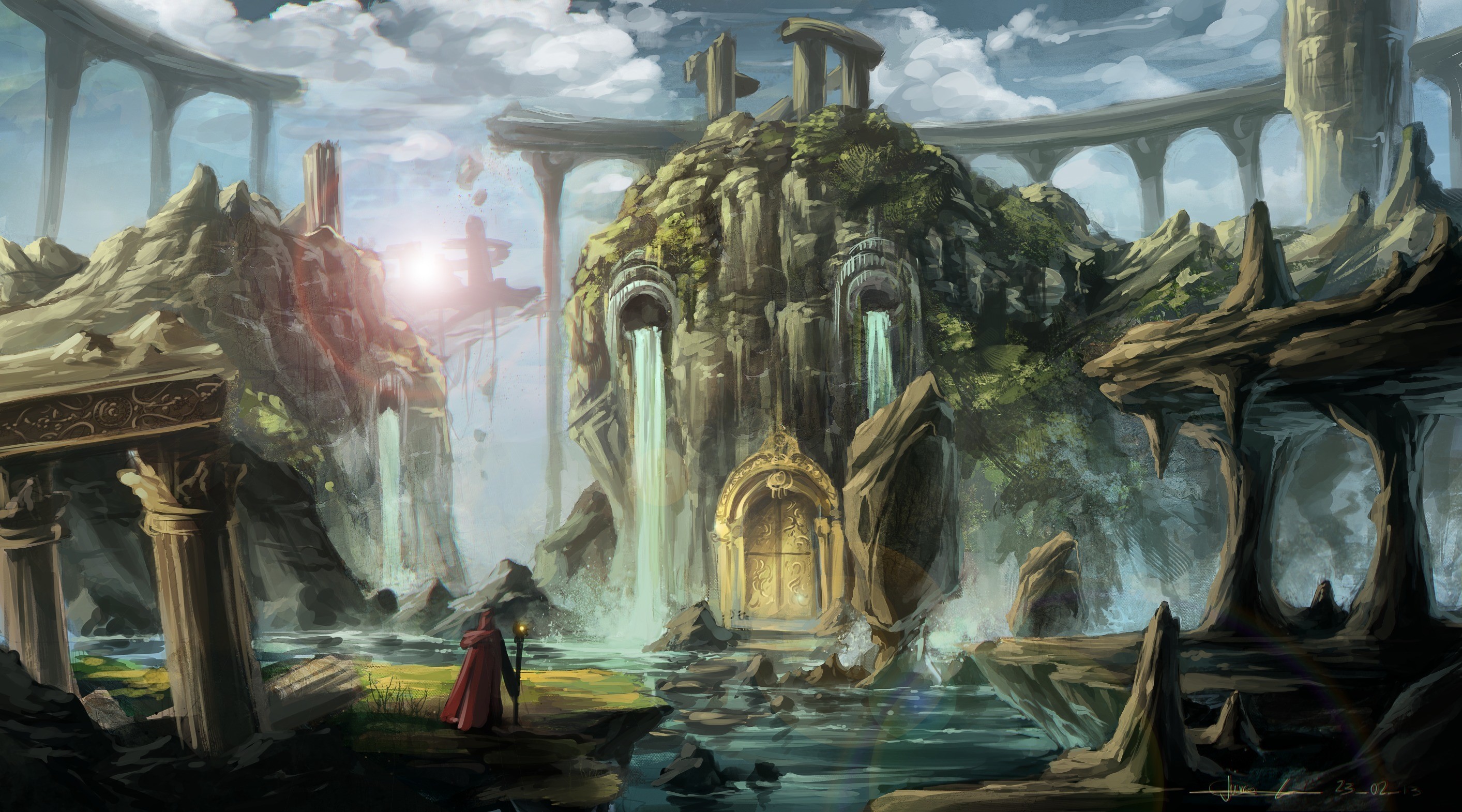 Fantasy world with waterfalls and ancient ruins HD Wallpaper