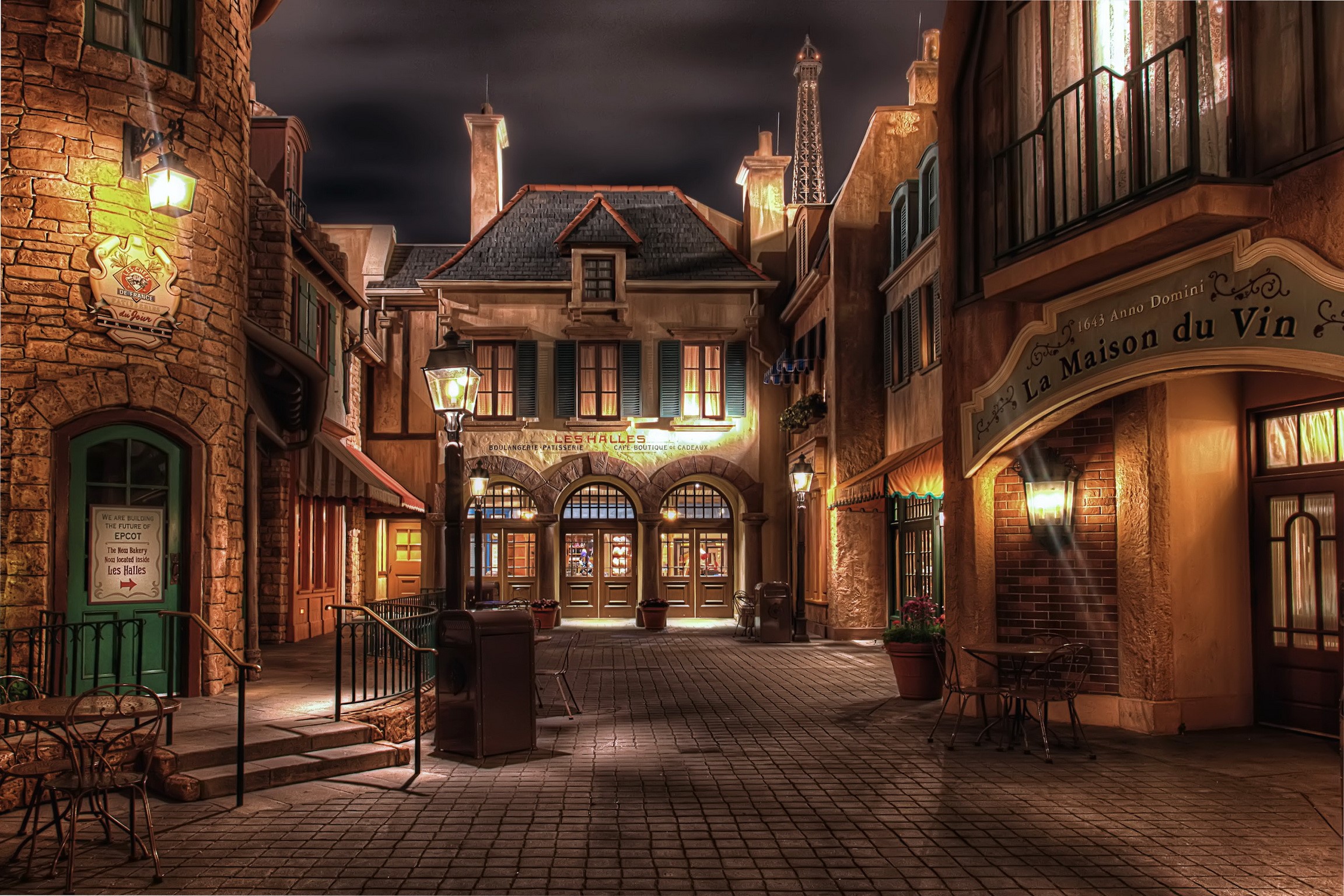 Night street scene in France with Eiffel Tower replica HD Wallpaper