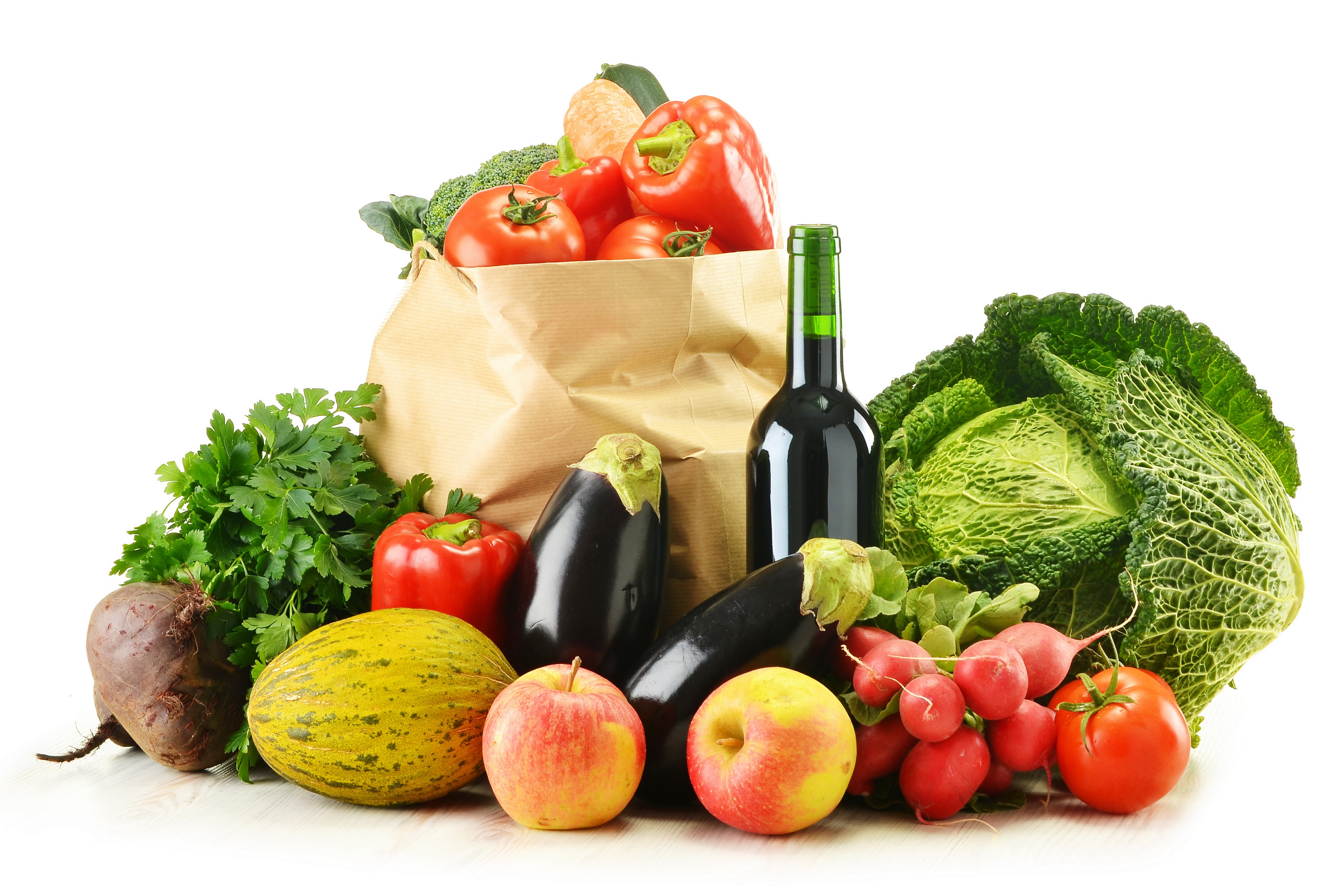 Vegetables and Wine in a Paper Bag HD Wallpaper