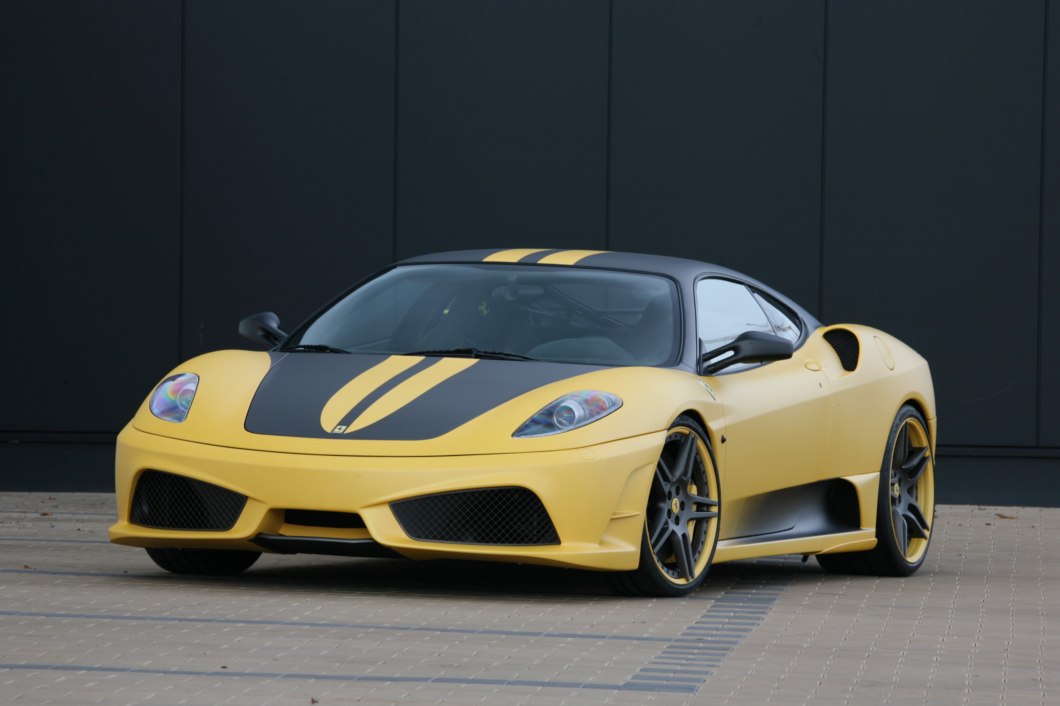 Yellow Ferrari with Black Stripes HD Wallpaper
