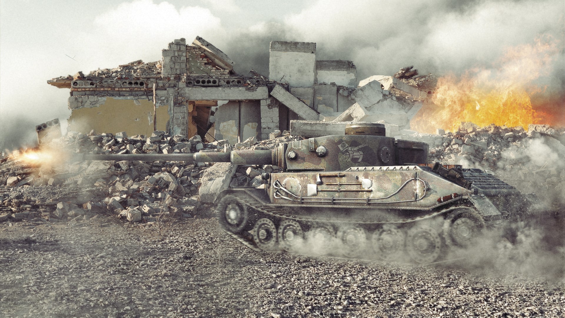 Tiger (P) tank firing in ruined city HD Wallpaper