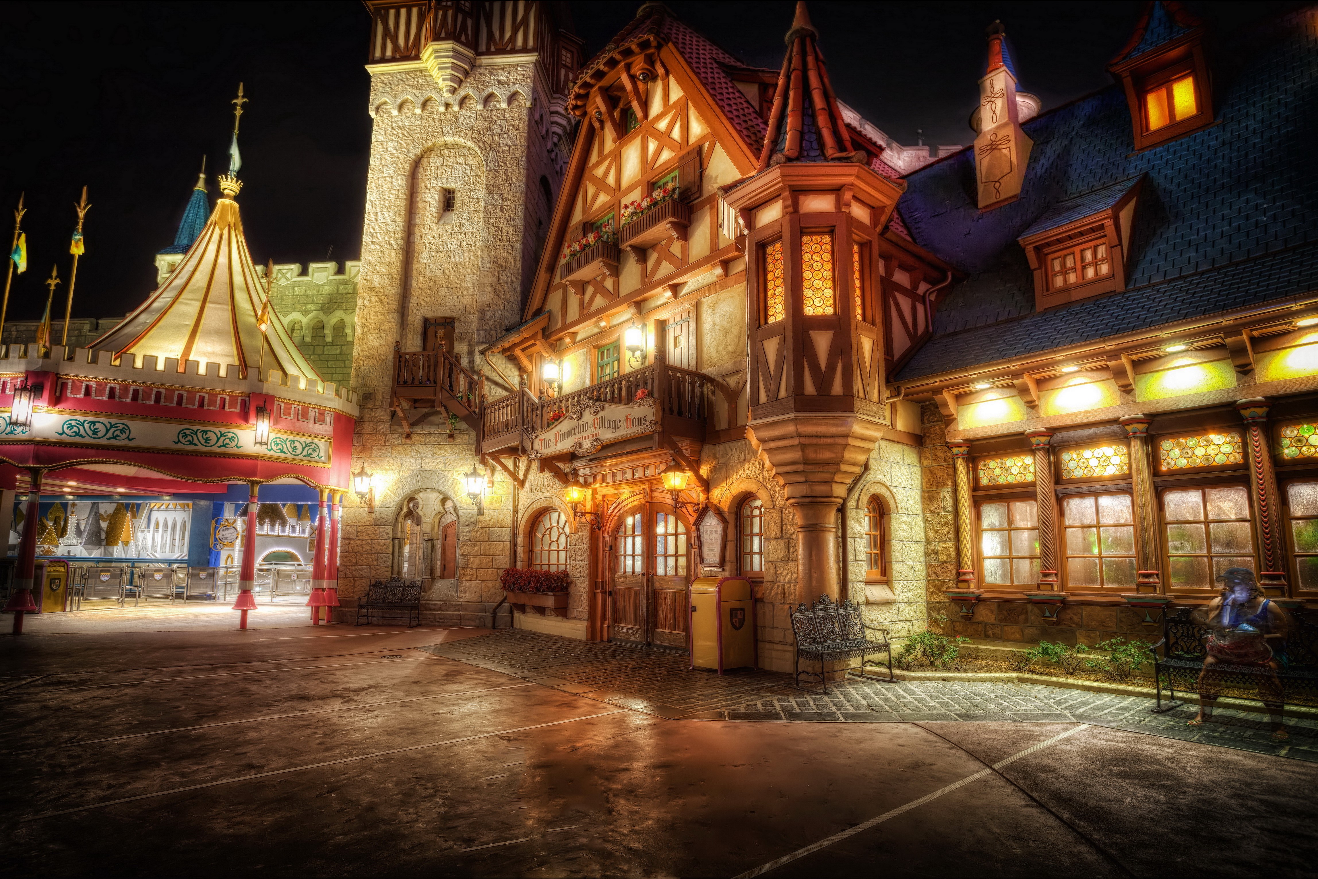 The Tudor Village Inn at Disneyland, California at Night HD Wallpaper