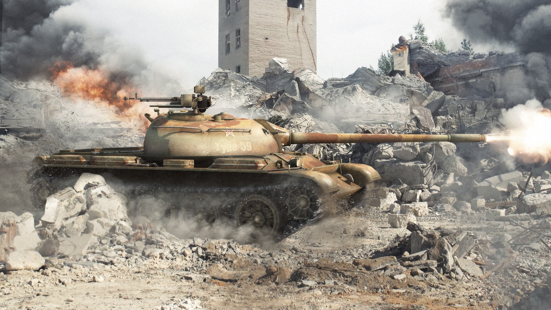Type 59 tank firing in ruins HD Wallpaper