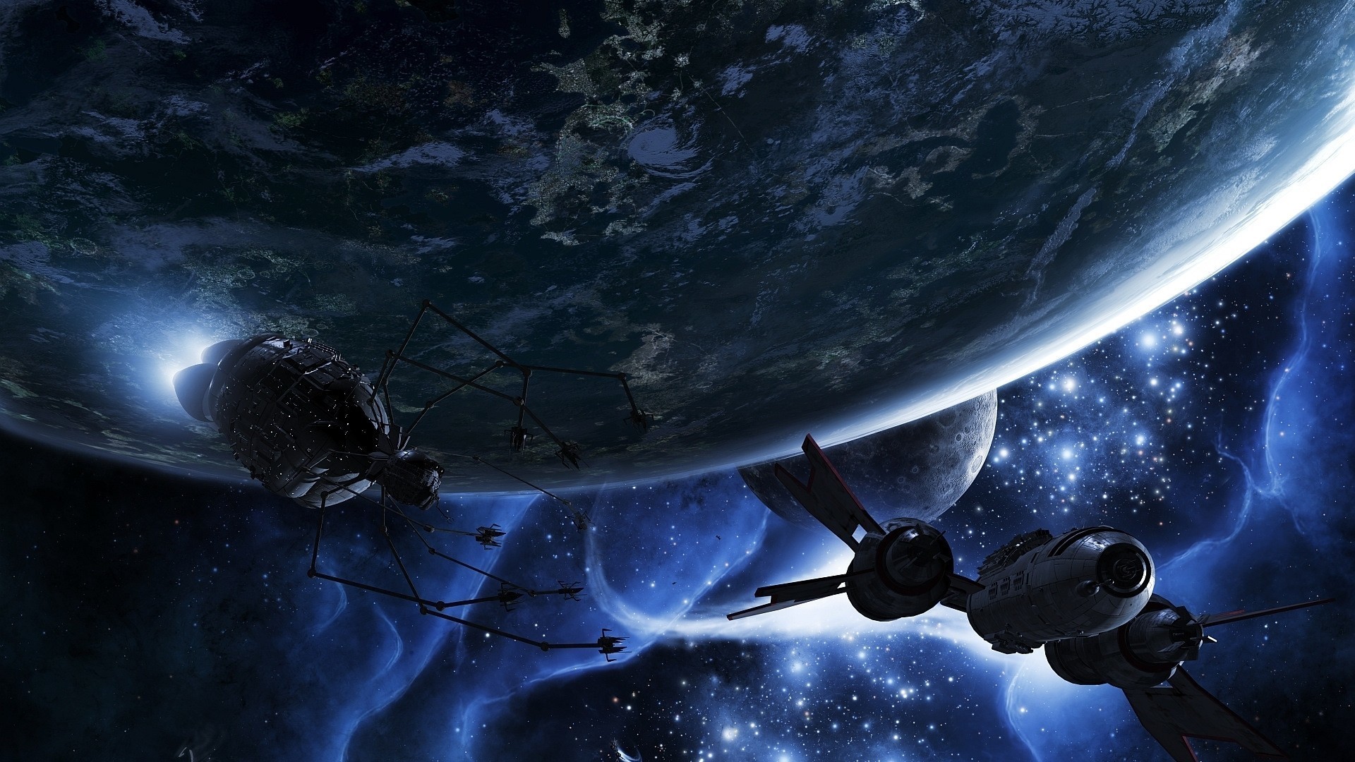 Spaceships near a planet and moon HD Wallpaper