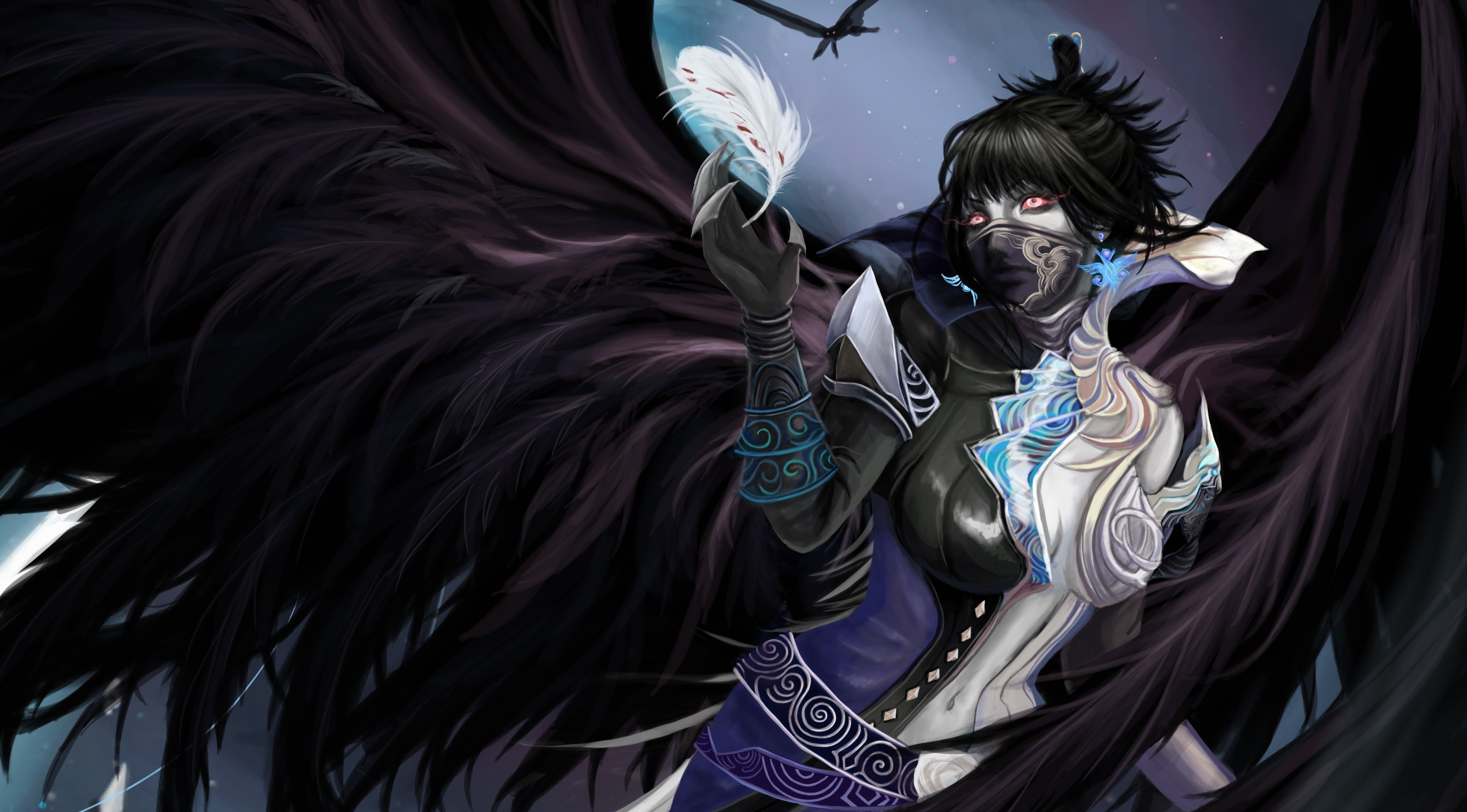Angel with black wings holding a white feather HD Wallpaper