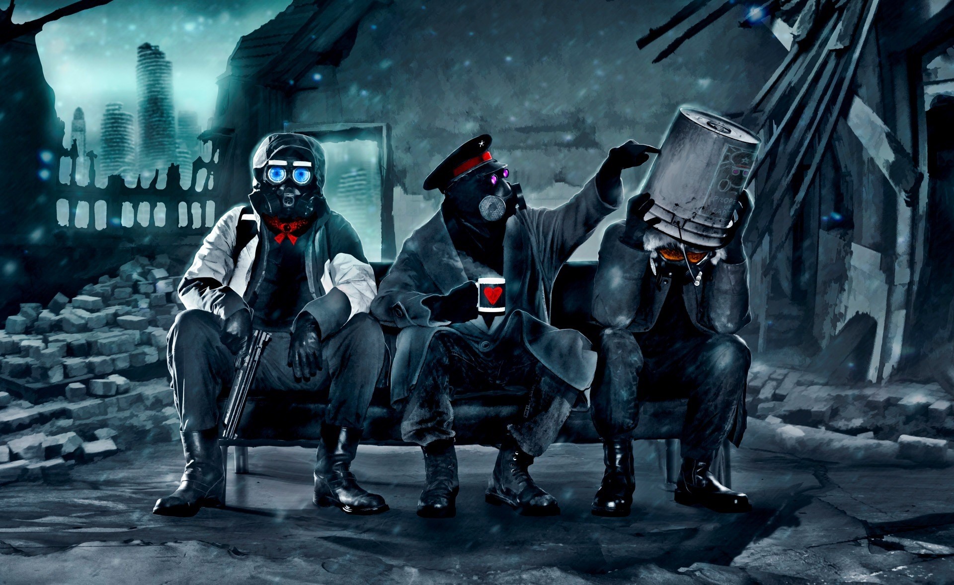 Romantically Apocalyptic characters sitting on a bench HD Wallpaper