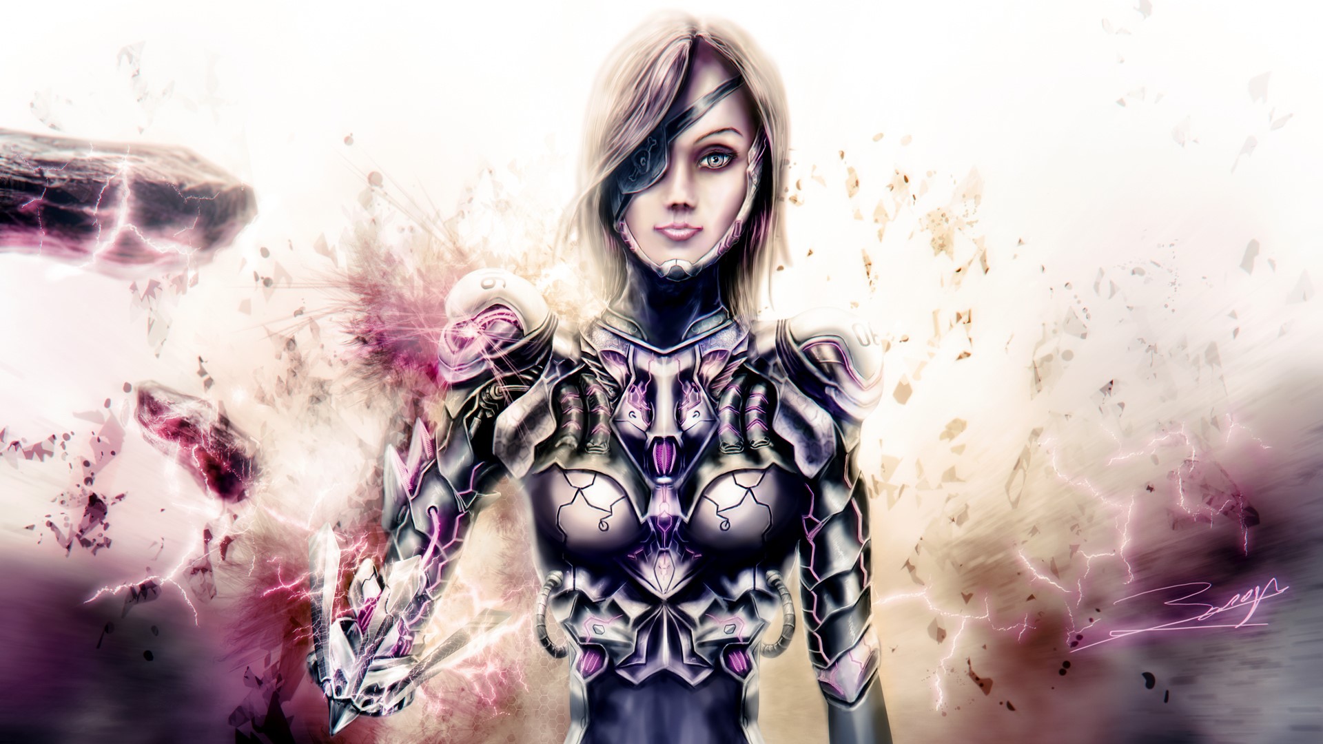 Female cyborg with futuristic armor and energy effects HD Wallpaper