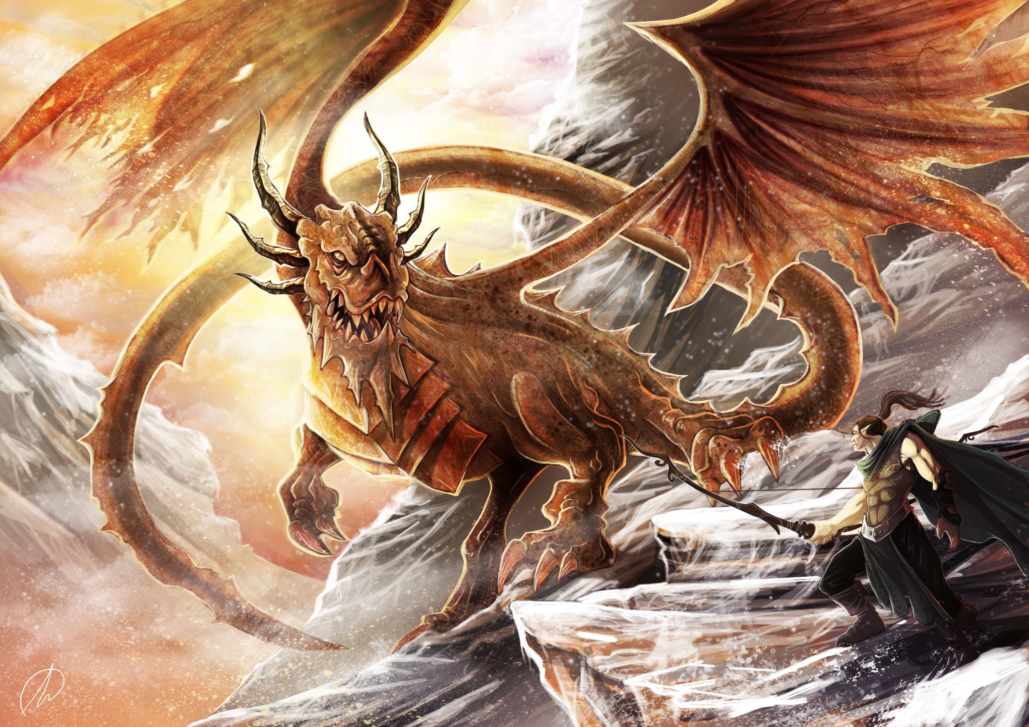 Dragon fighting an archer on a snowy mountain HD Wallpaper