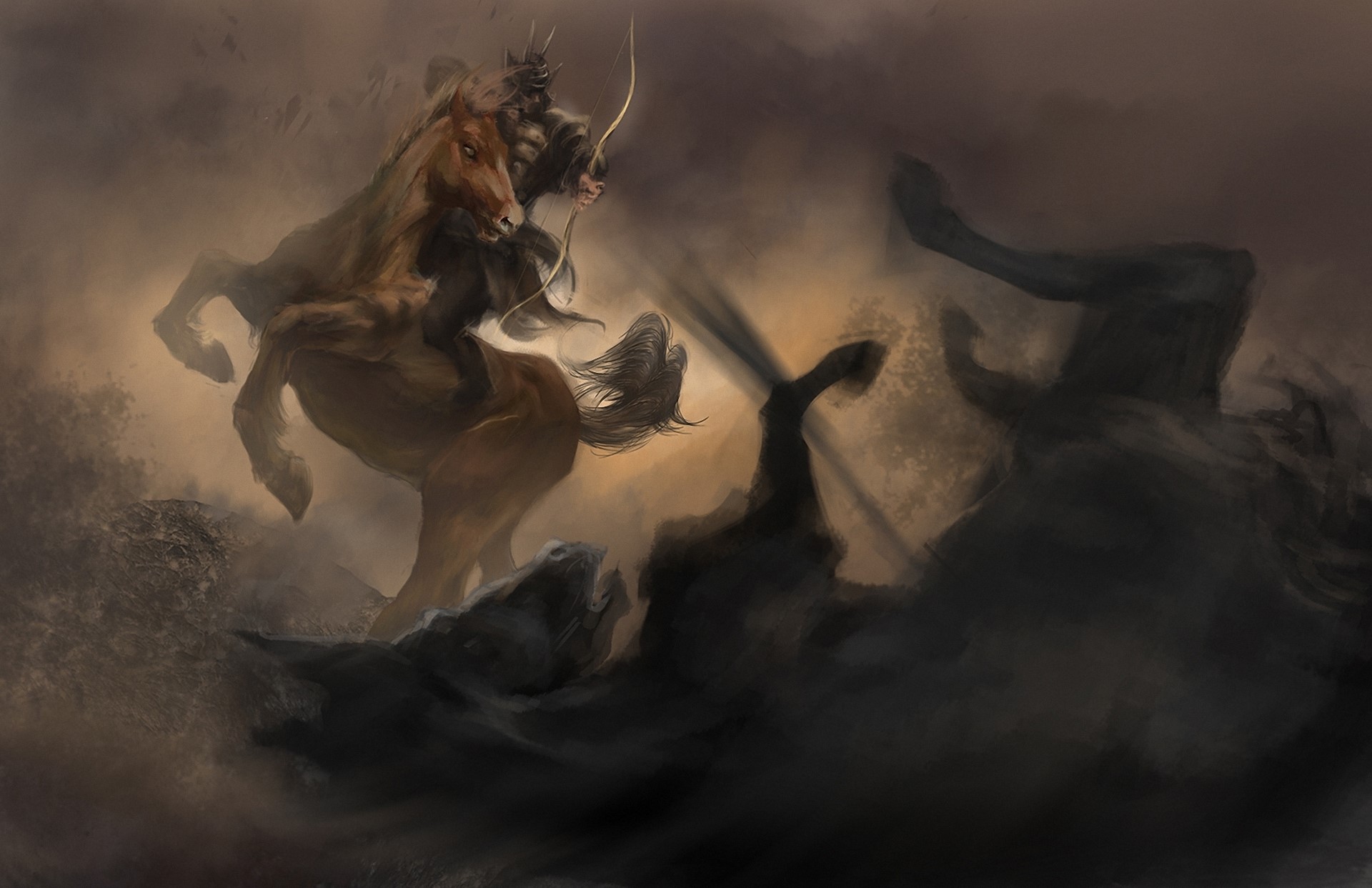 Warrior Archer on Horseback Fighting Dark Figures HD Wallpaper