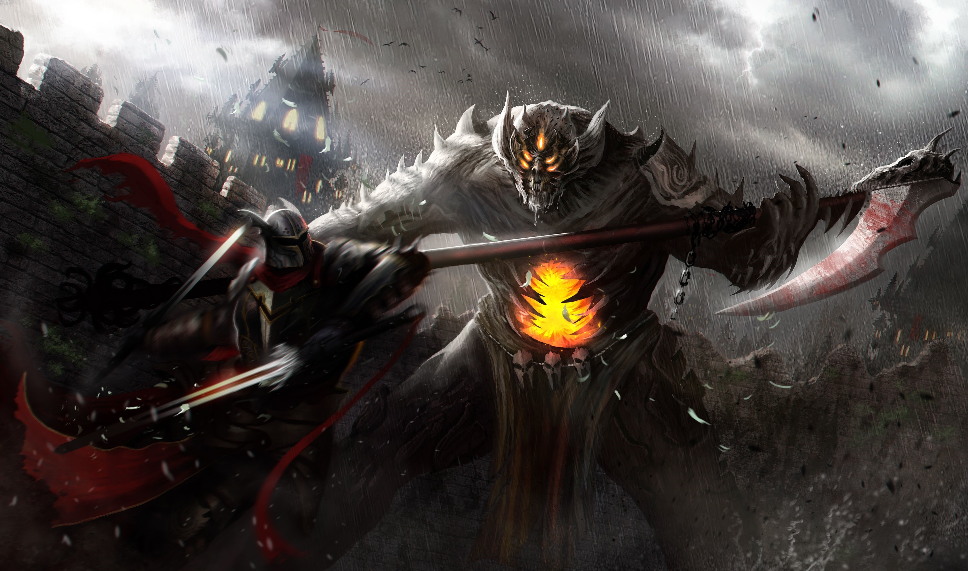 Monster and Knight Battle with Scythe HD Wallpaper