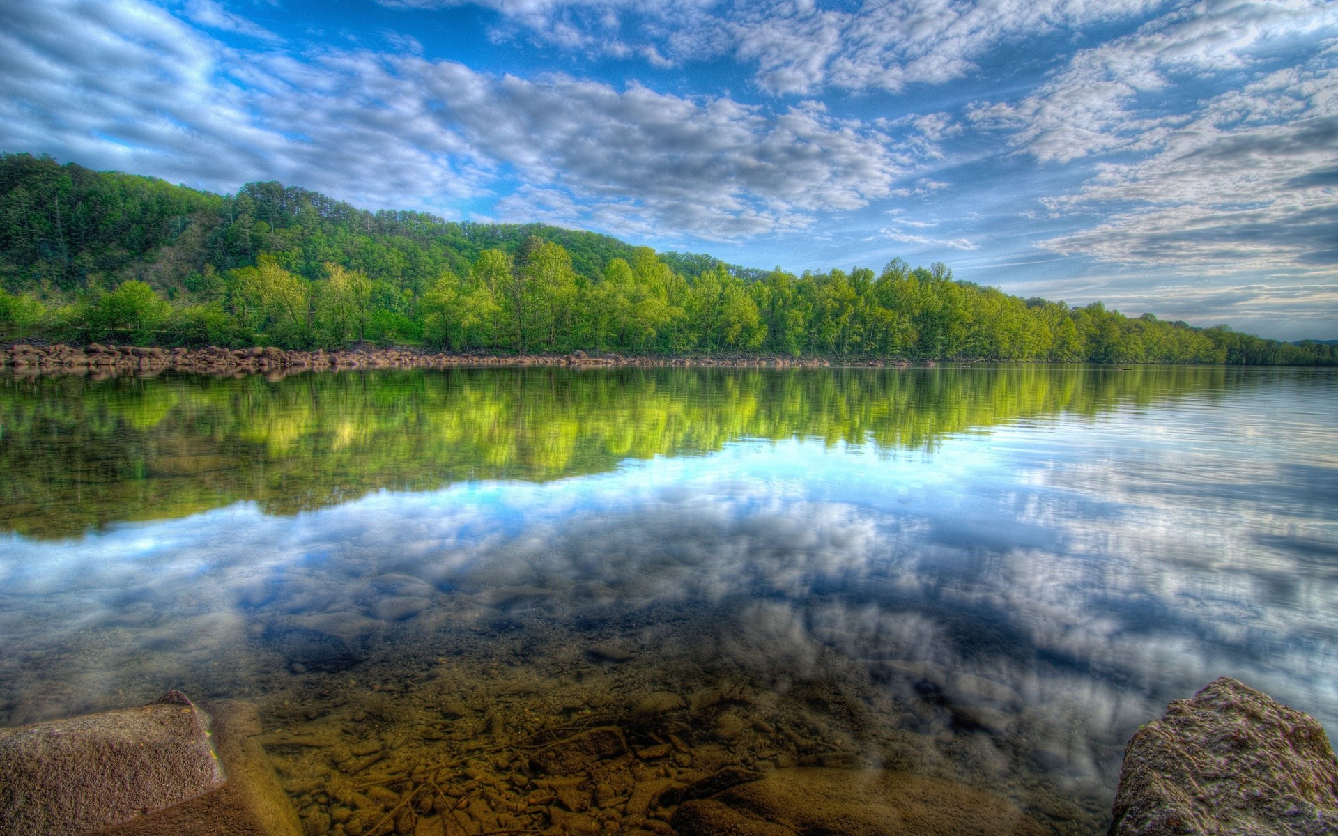 Calm lake reflecting trees and sky HD Wallpaper