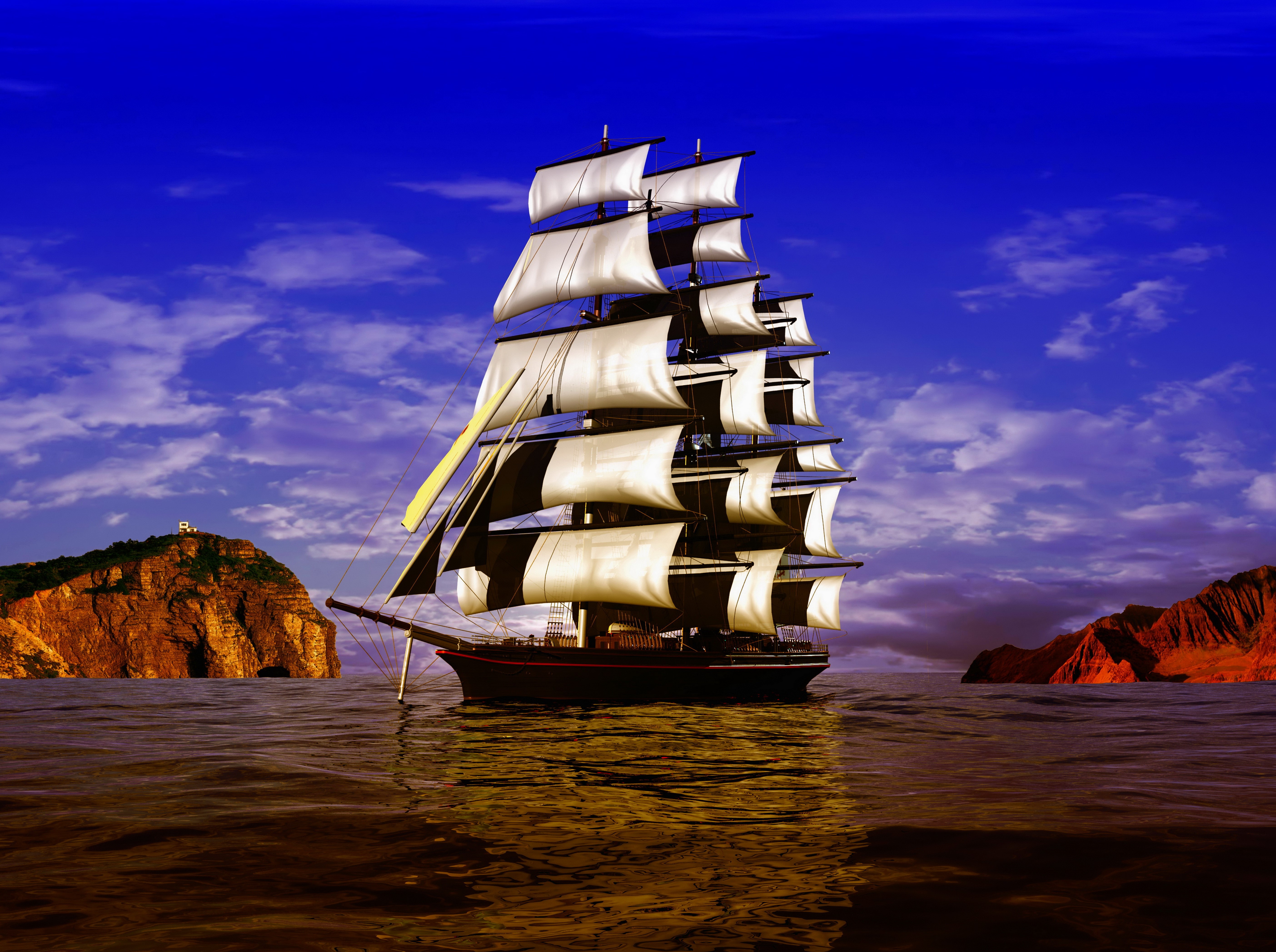 Tall ship sailing near rocky islands HD Wallpaper