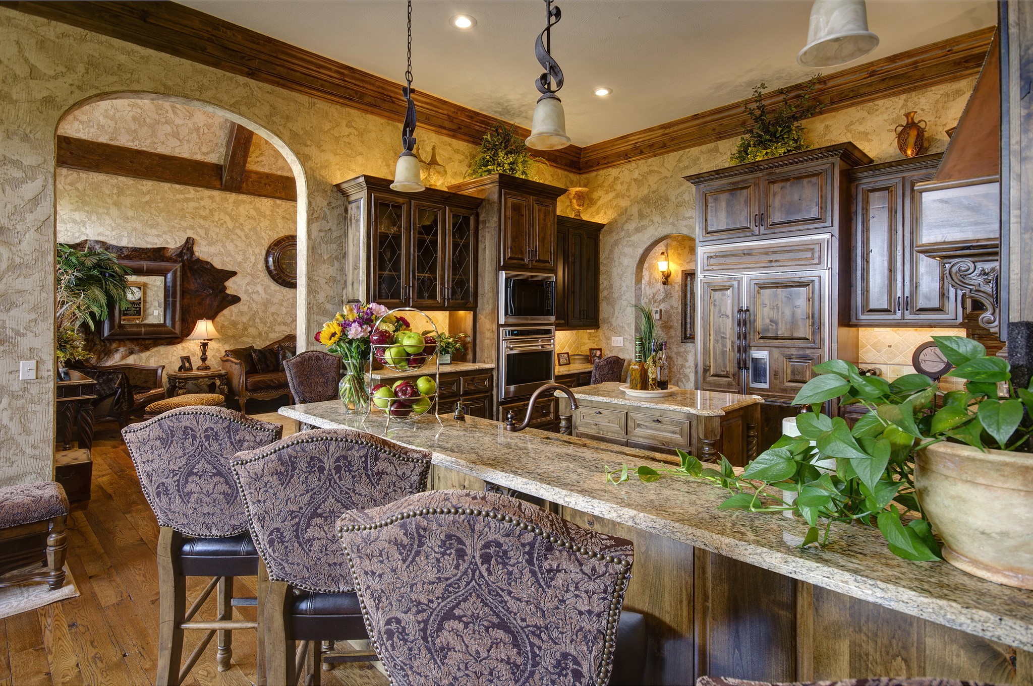 Luxury kitchen with island and bar stools HD Wallpaper