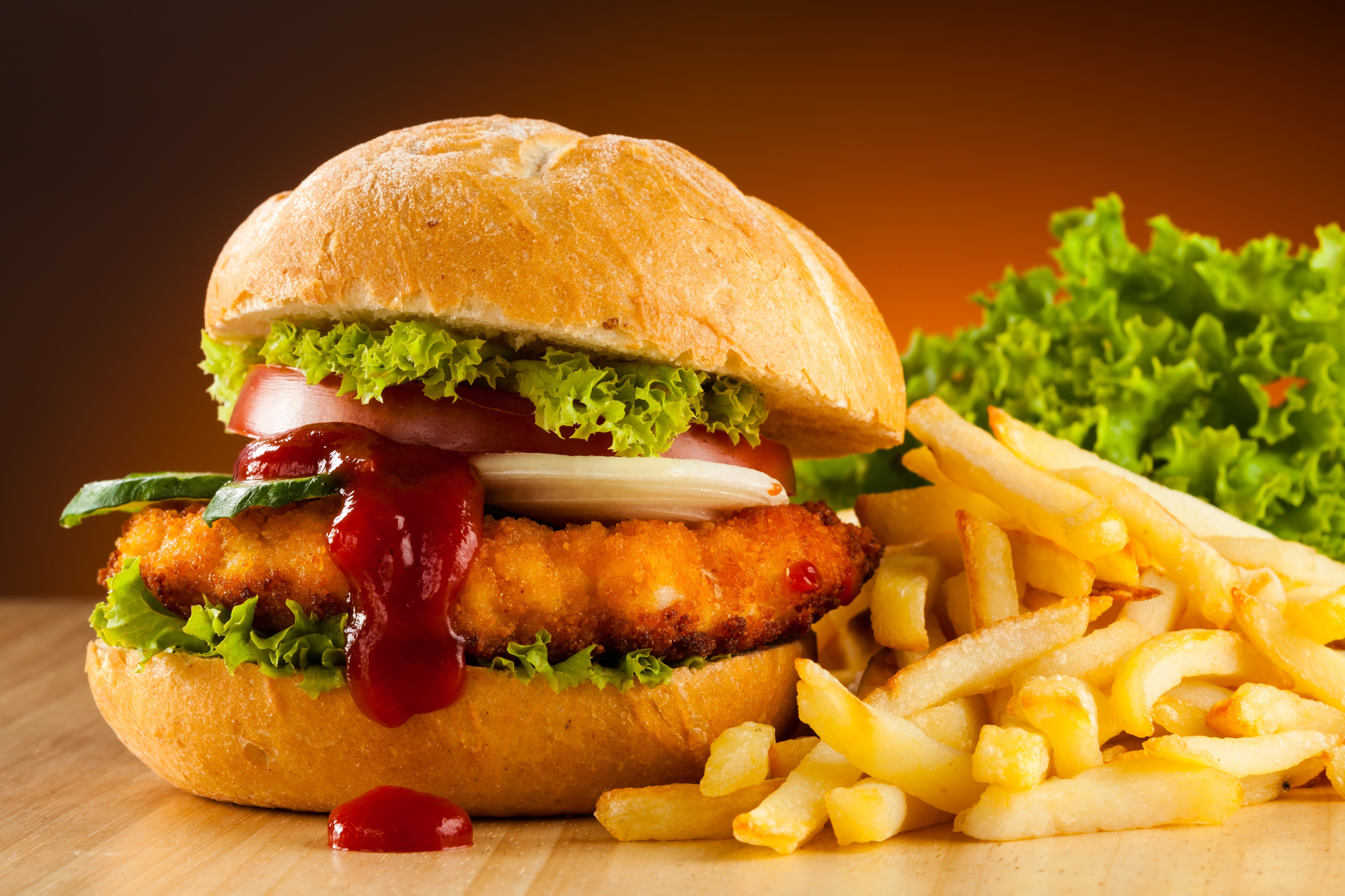 Hamburger with French Fries and Ketchup HD Wallpaper