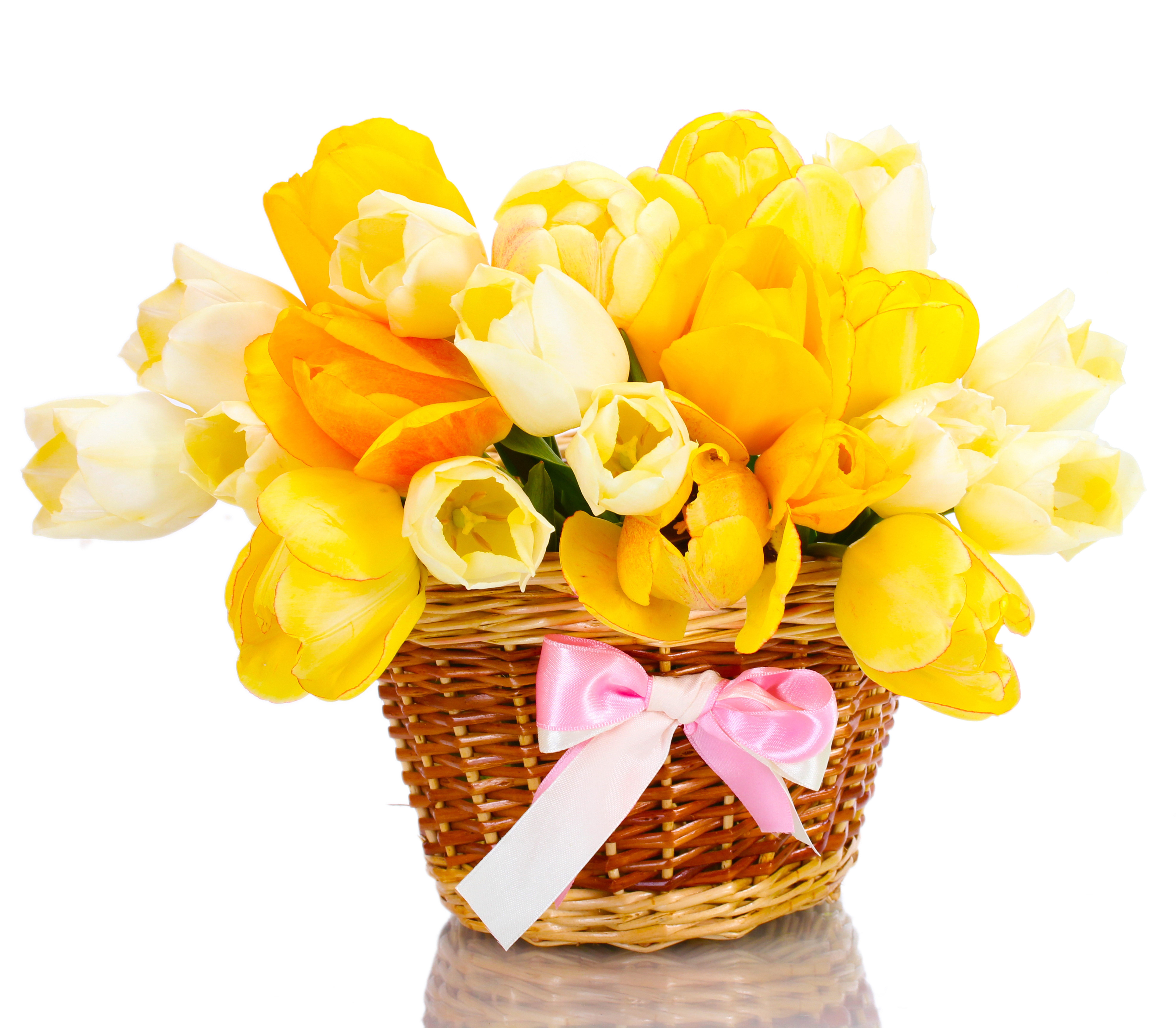 Yellow Tulips in a Wicker Basket with Pink Bow HD Wallpaper