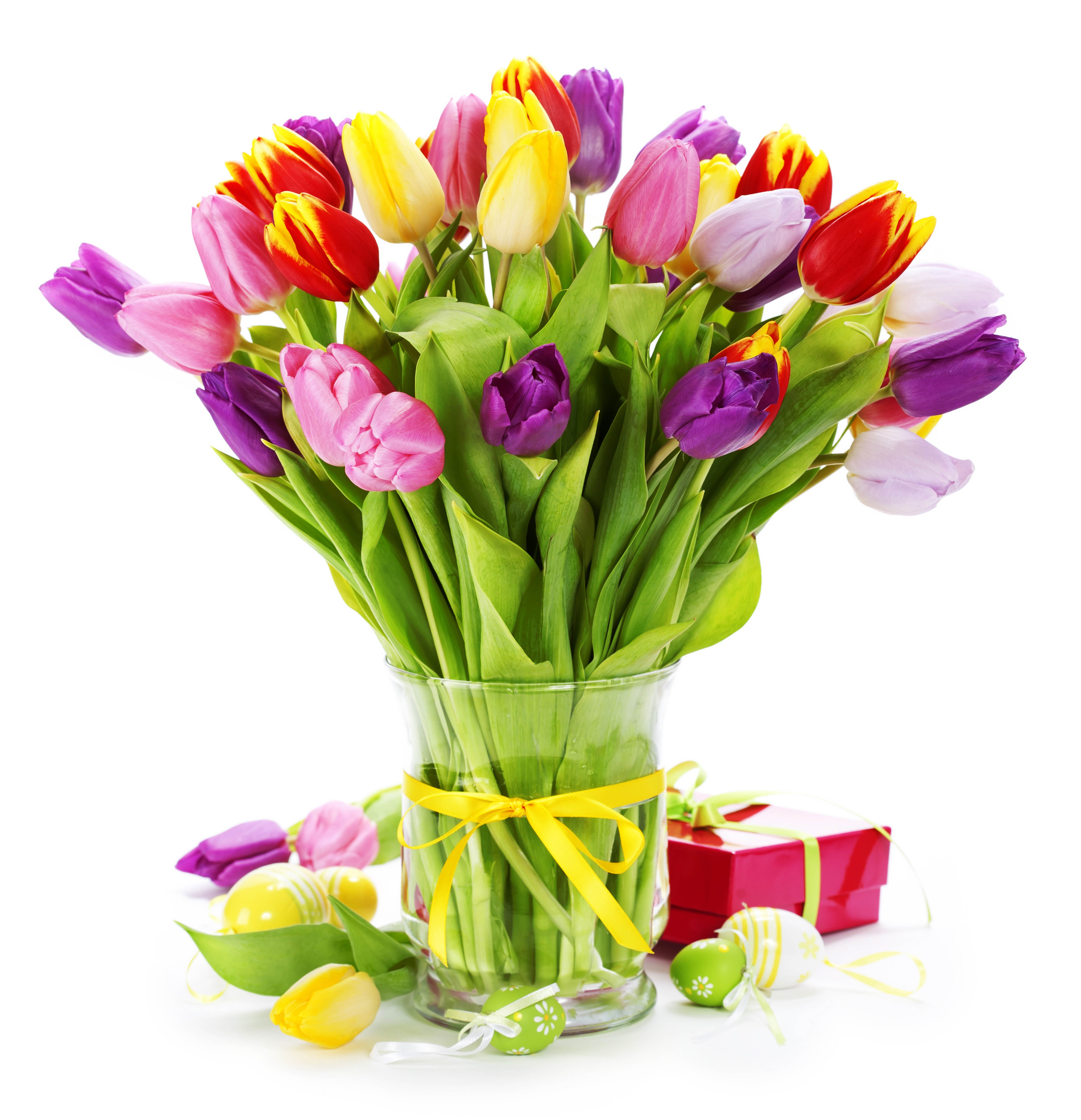 Bouquet of Tulips in a Vase with Easter Eggs and Gift HD Wallpaper