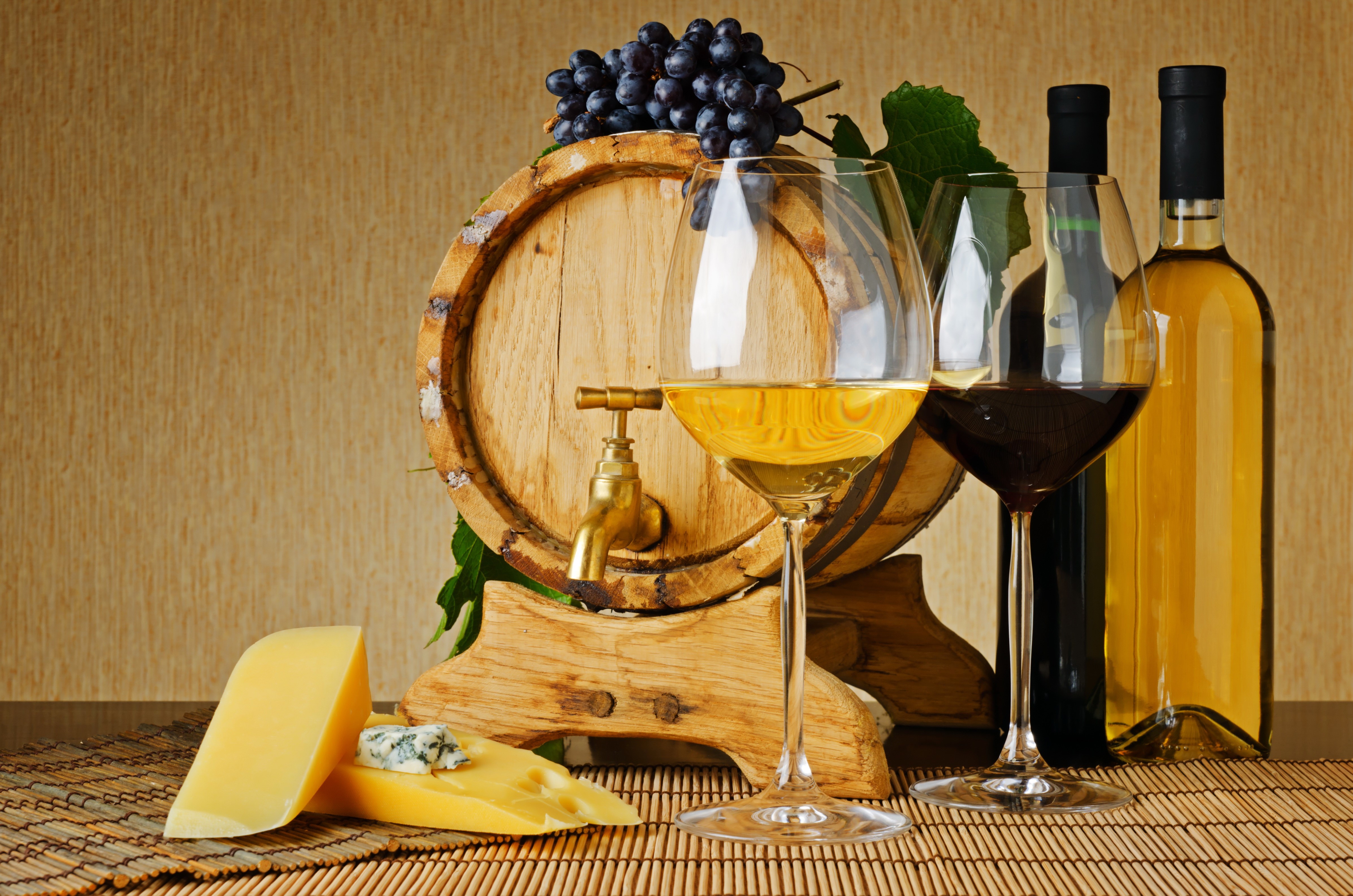 Still-life of wine, cheese, and barrel HD Wallpaper