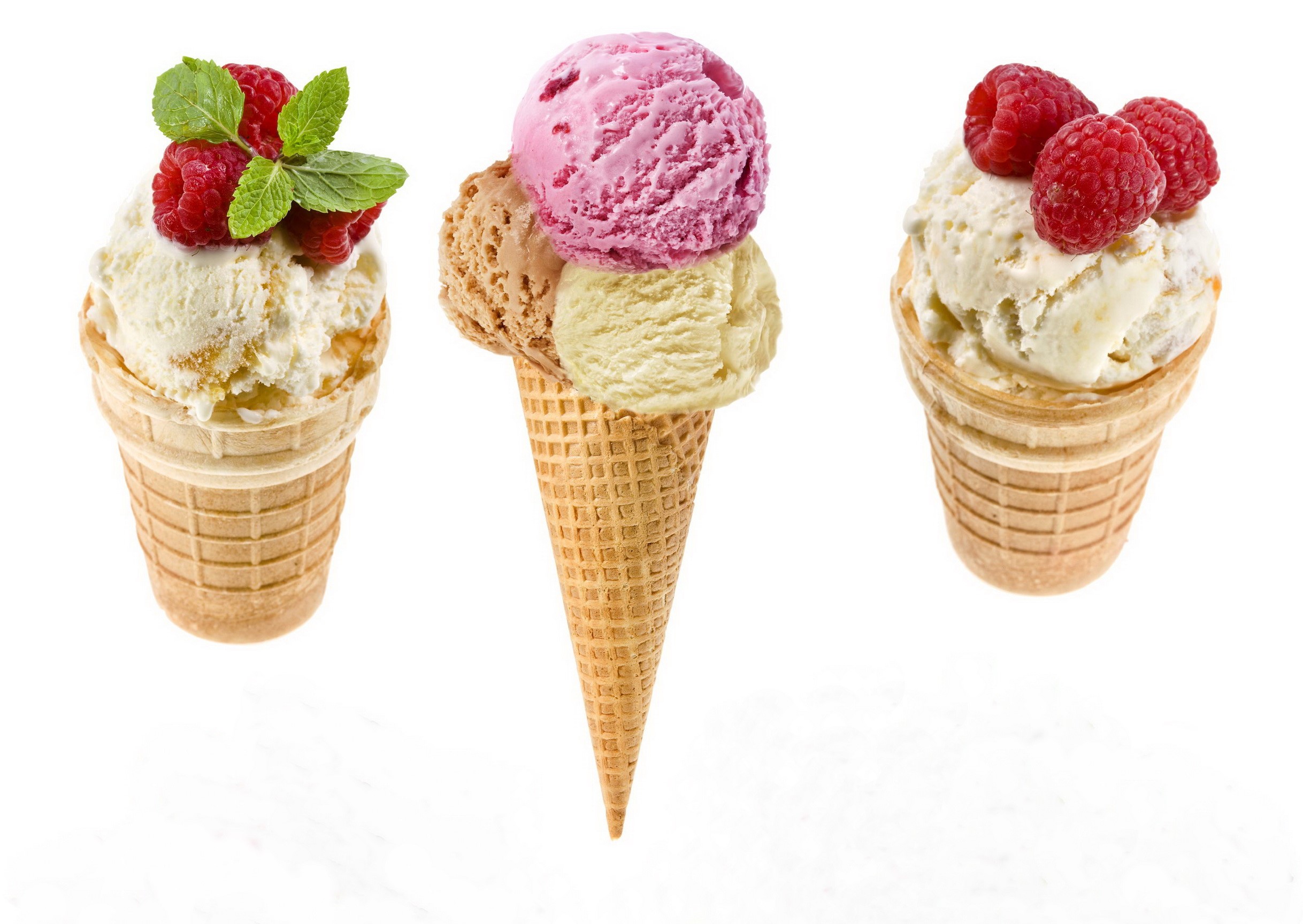 Three ice cream cones with raspberries and mint HD Wallpaper