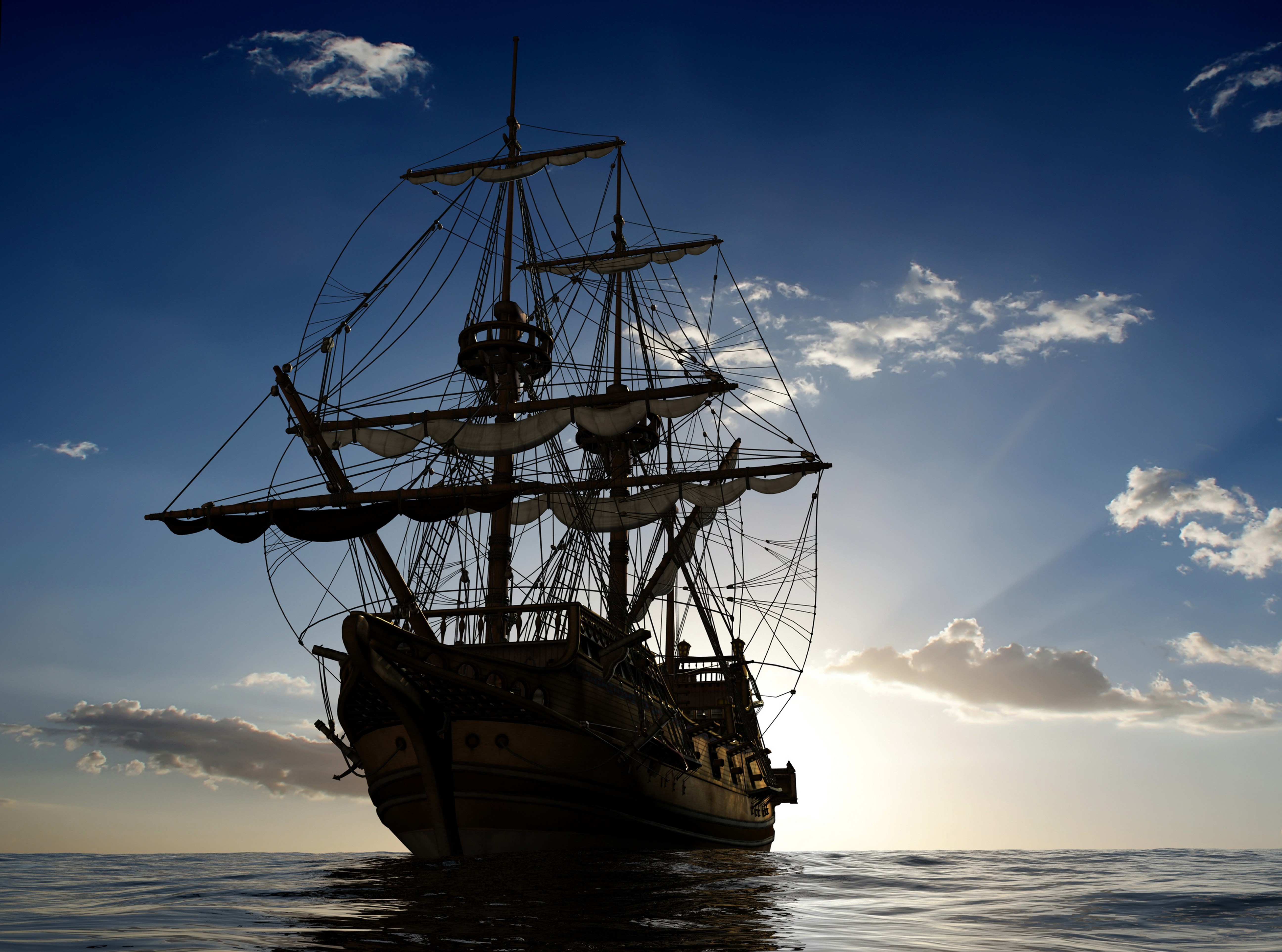 Sailing ship on the ocean under a blue sky HD Wallpaper
