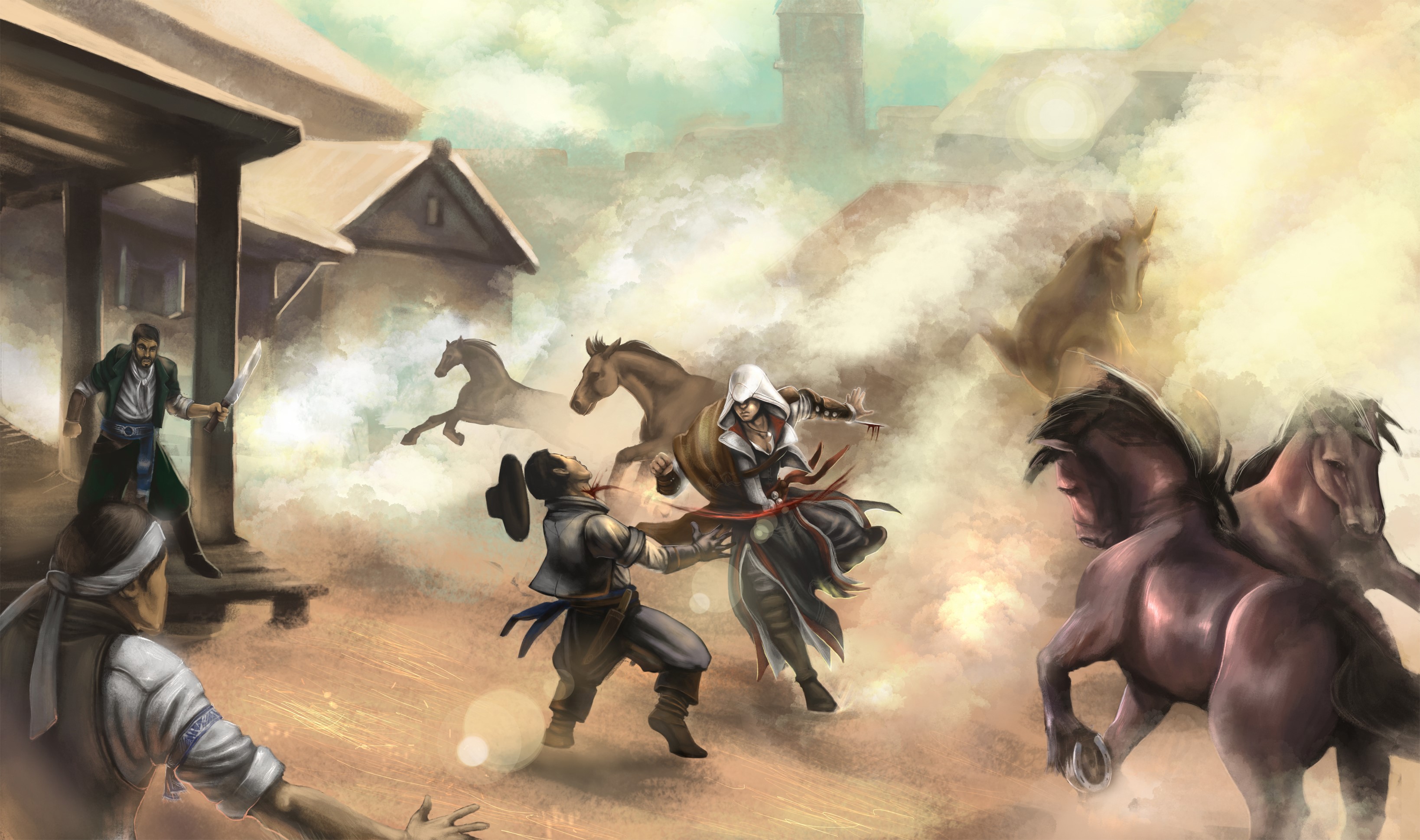 Assassin's Creed battle with horses in a dusty town HD Wallpaper