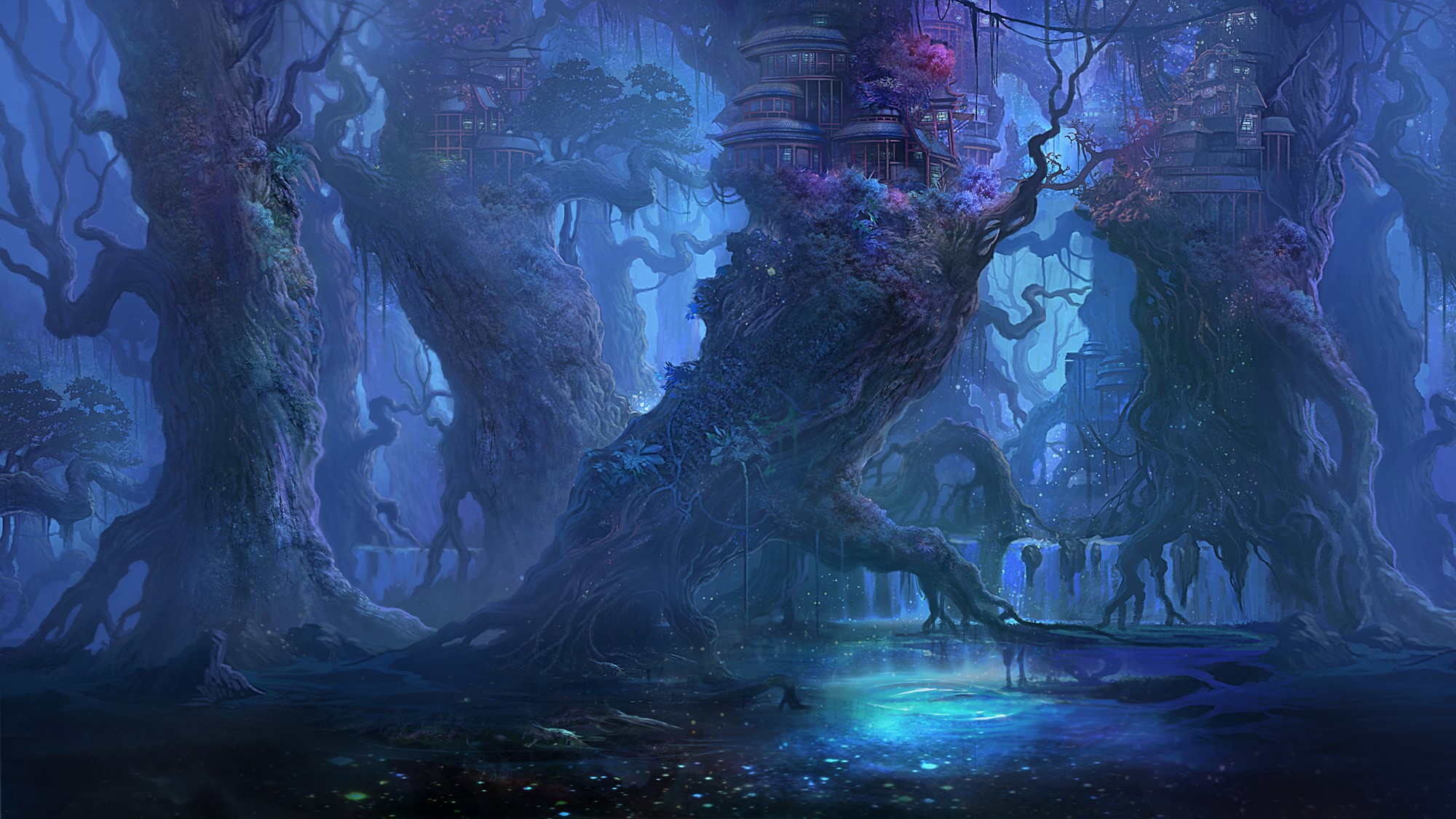 Fantasy forest with glowing water and treehouses HD Wallpaper