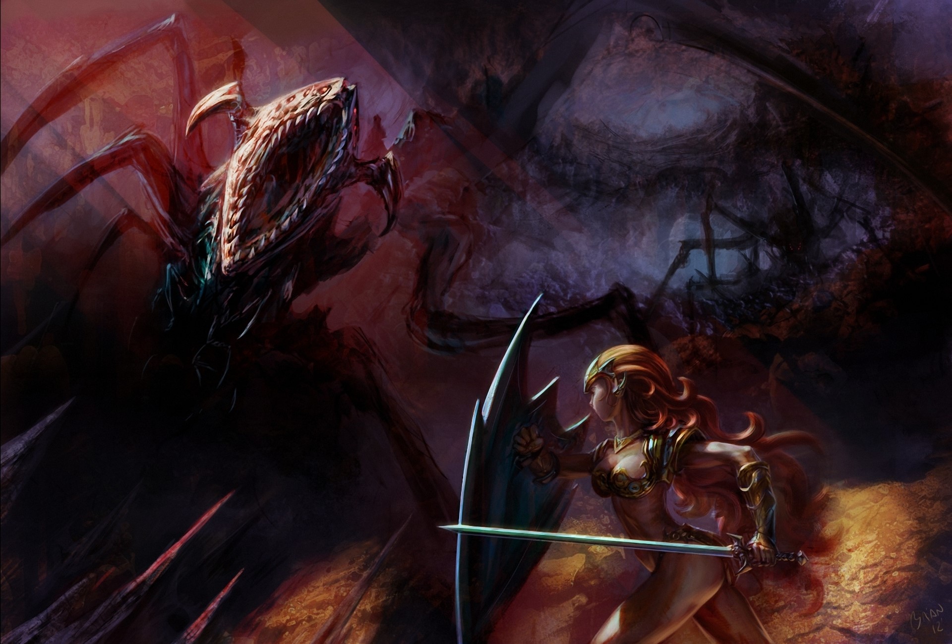 Elf warrior battles giant spider monster HD Wallpaper